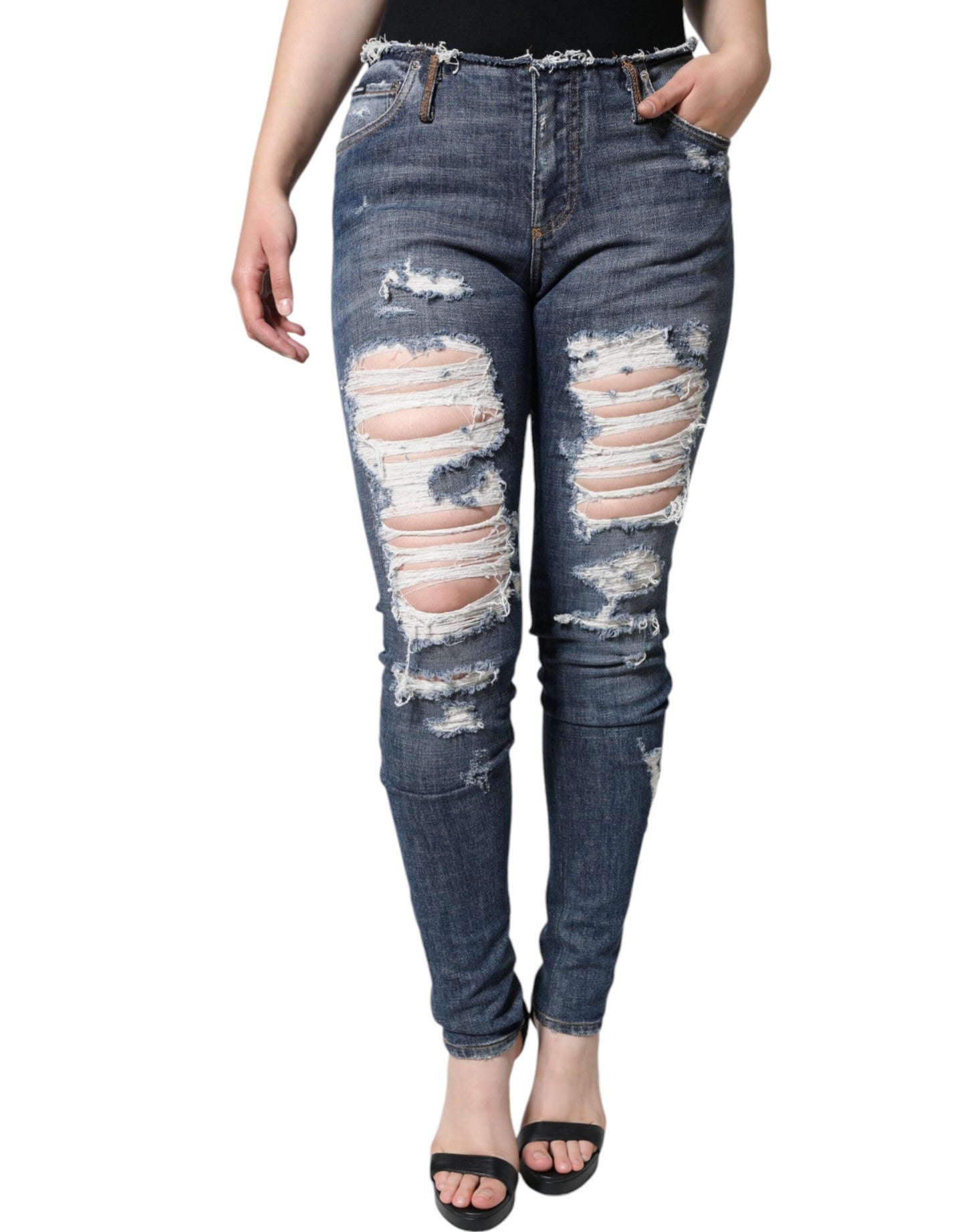 Dolce & Gabbana Blue Cotton Stretch Tattered Skinny Jeans IT40 / S