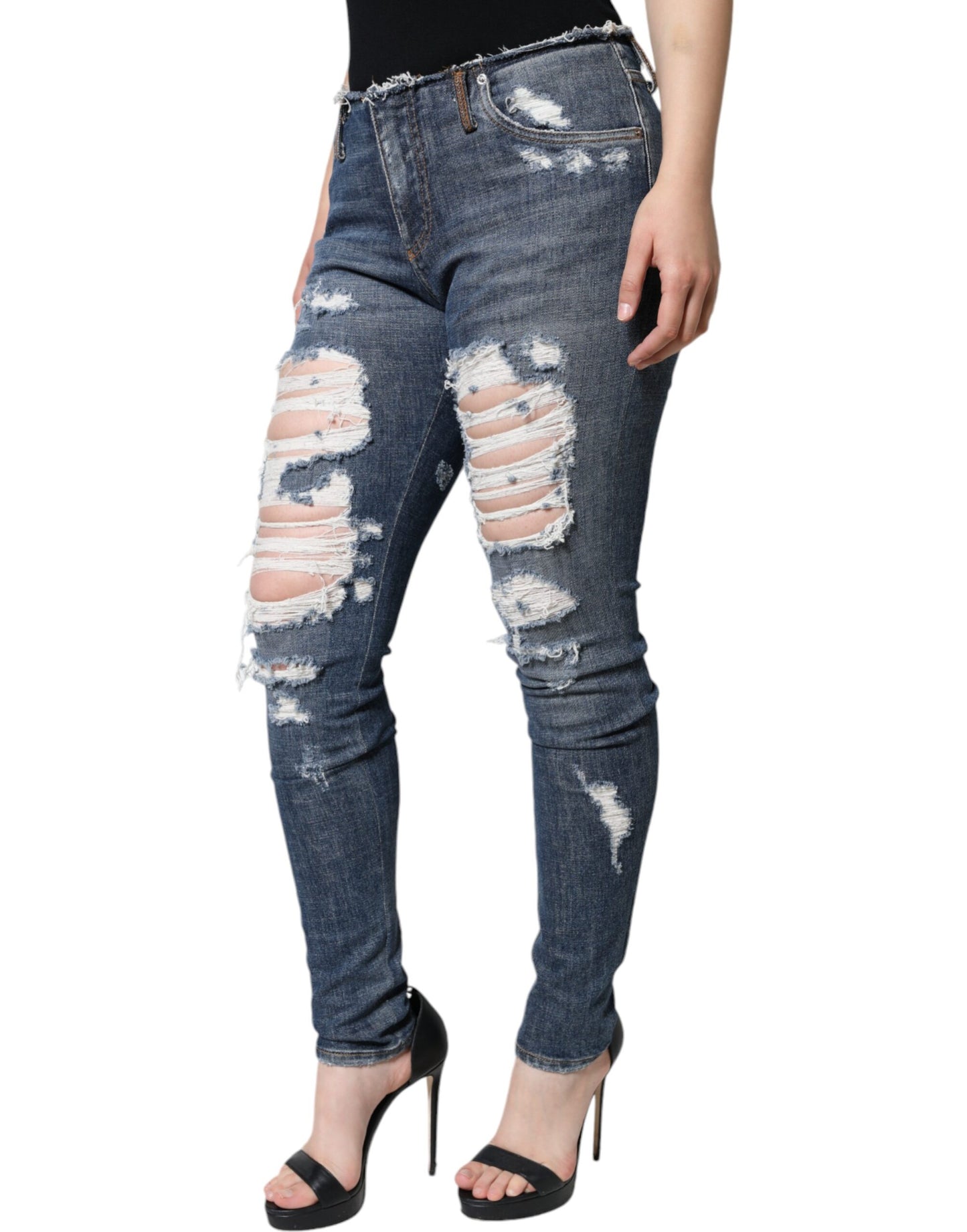 Dolce & Gabbana Blue Cotton Stretch Tattered Skinny Jeans IT40 / S