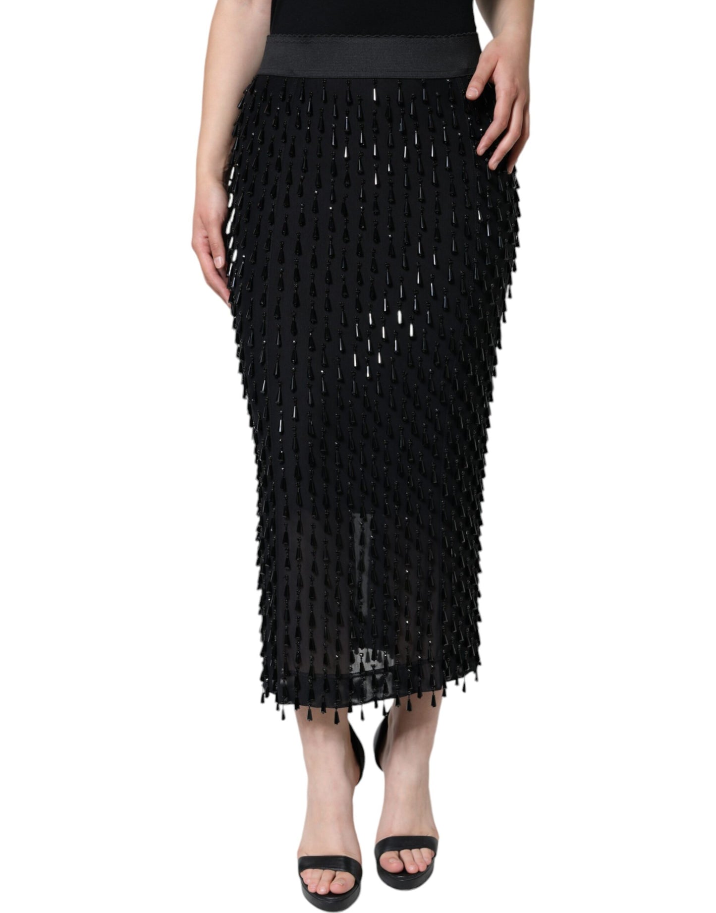 Dolce & Gabbana Black Embellished Pencil Cut Midi Skirt IT44 / L