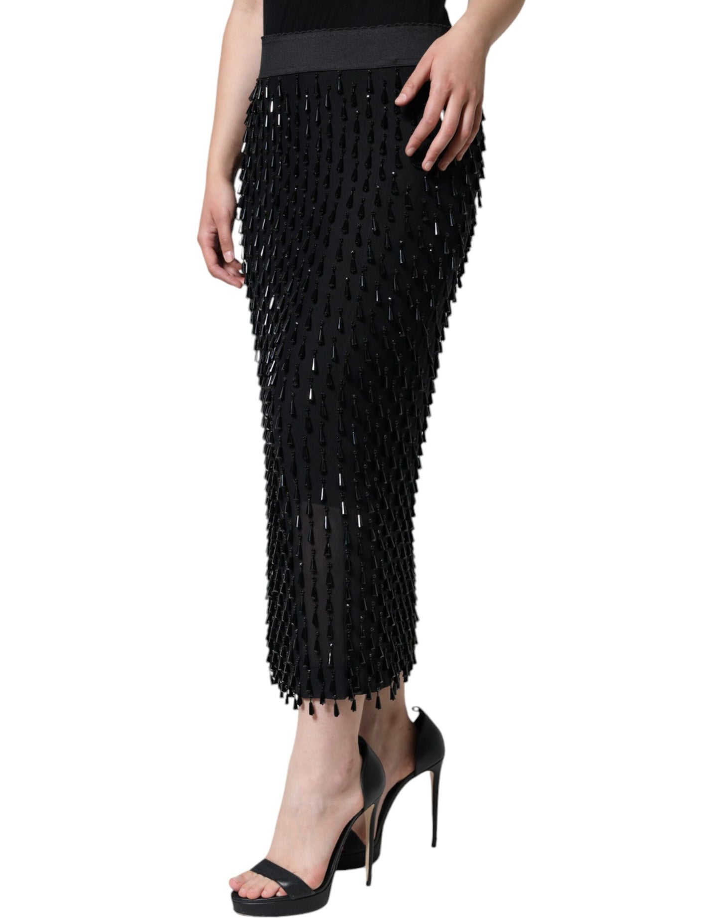 Dolce & Gabbana Black Embellished Pencil Cut Midi Skirt IT44 / L