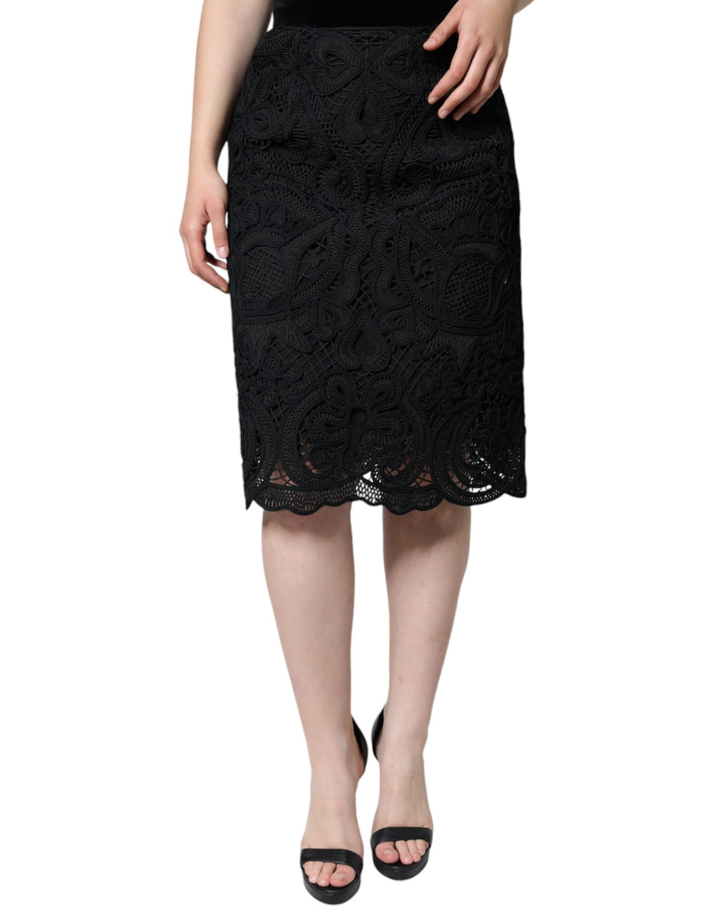 Dolce & Gabbana Black Floral Lace HighWaist Pencil Cut Skirt IT40 / S