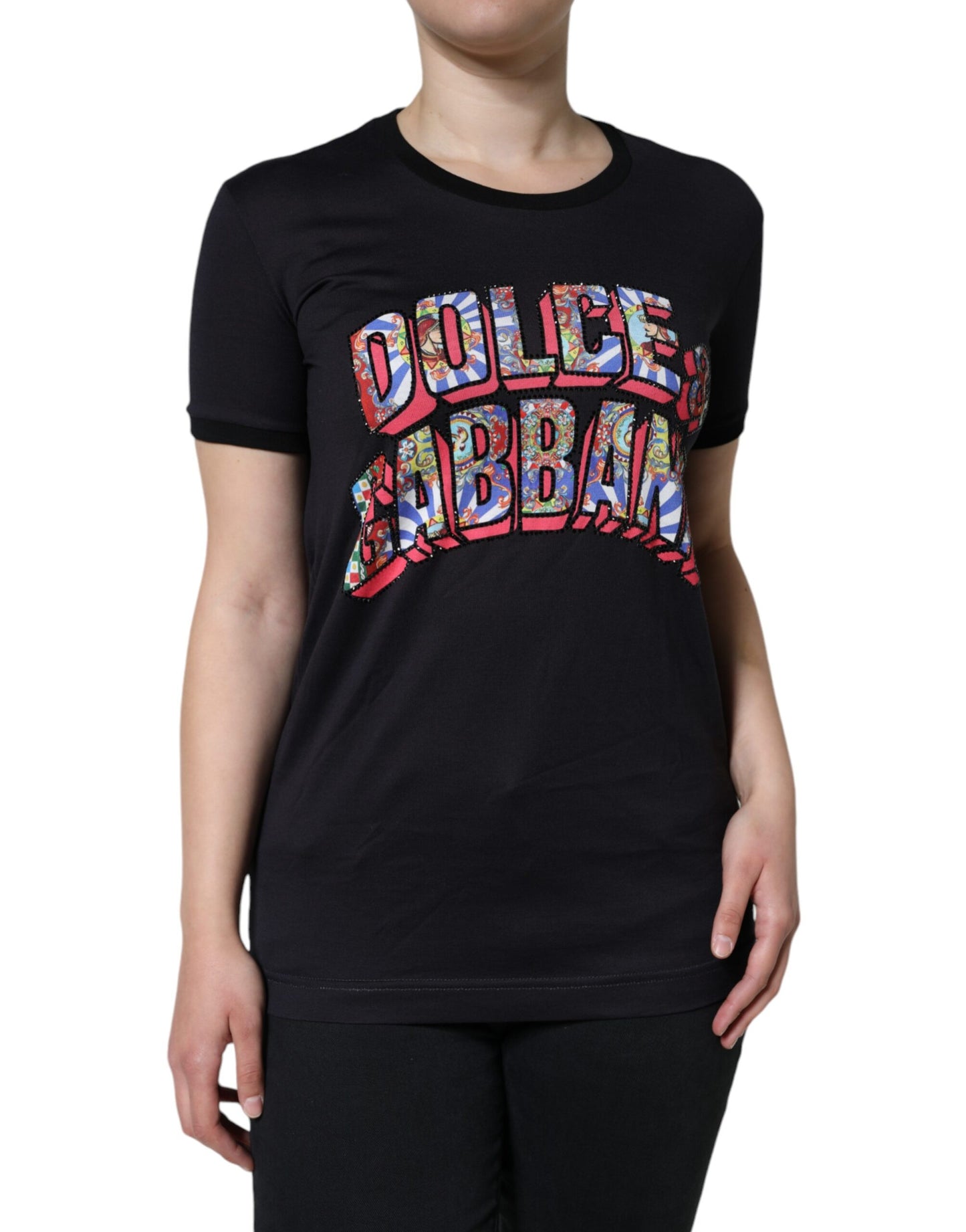 Dolce & Gabbana Black Cotton Logo Print Round Neck T-shirt IT36 / XS