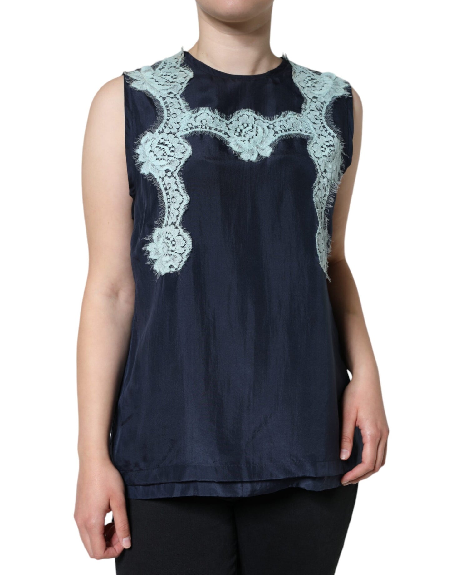 Dolce & Gabbana Blue Floral Lace Silk Sleeveless Tank Top IT48 / XXL