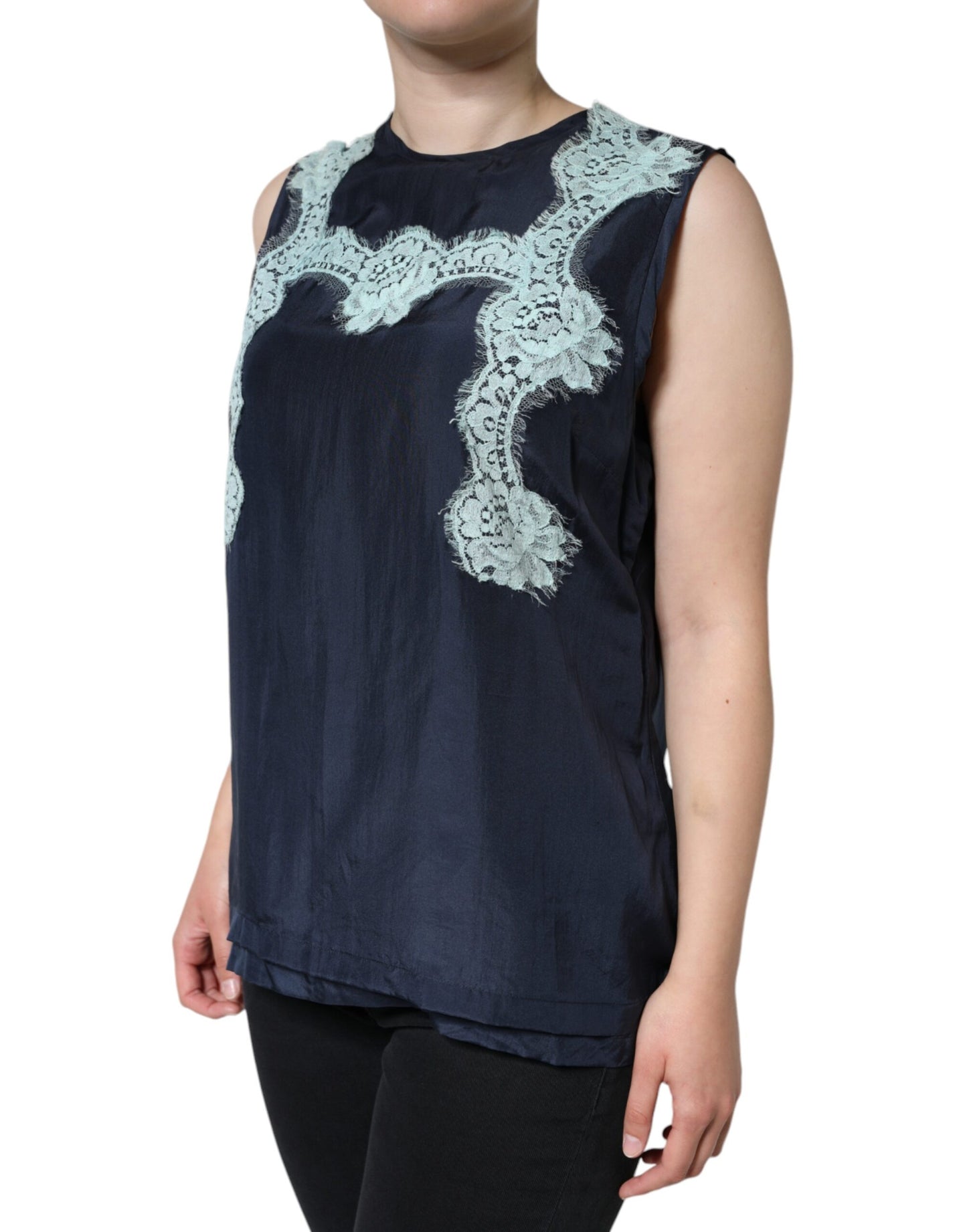 Dolce & Gabbana Blue Floral Lace Silk Sleeveless Tank Top IT48 / XXL