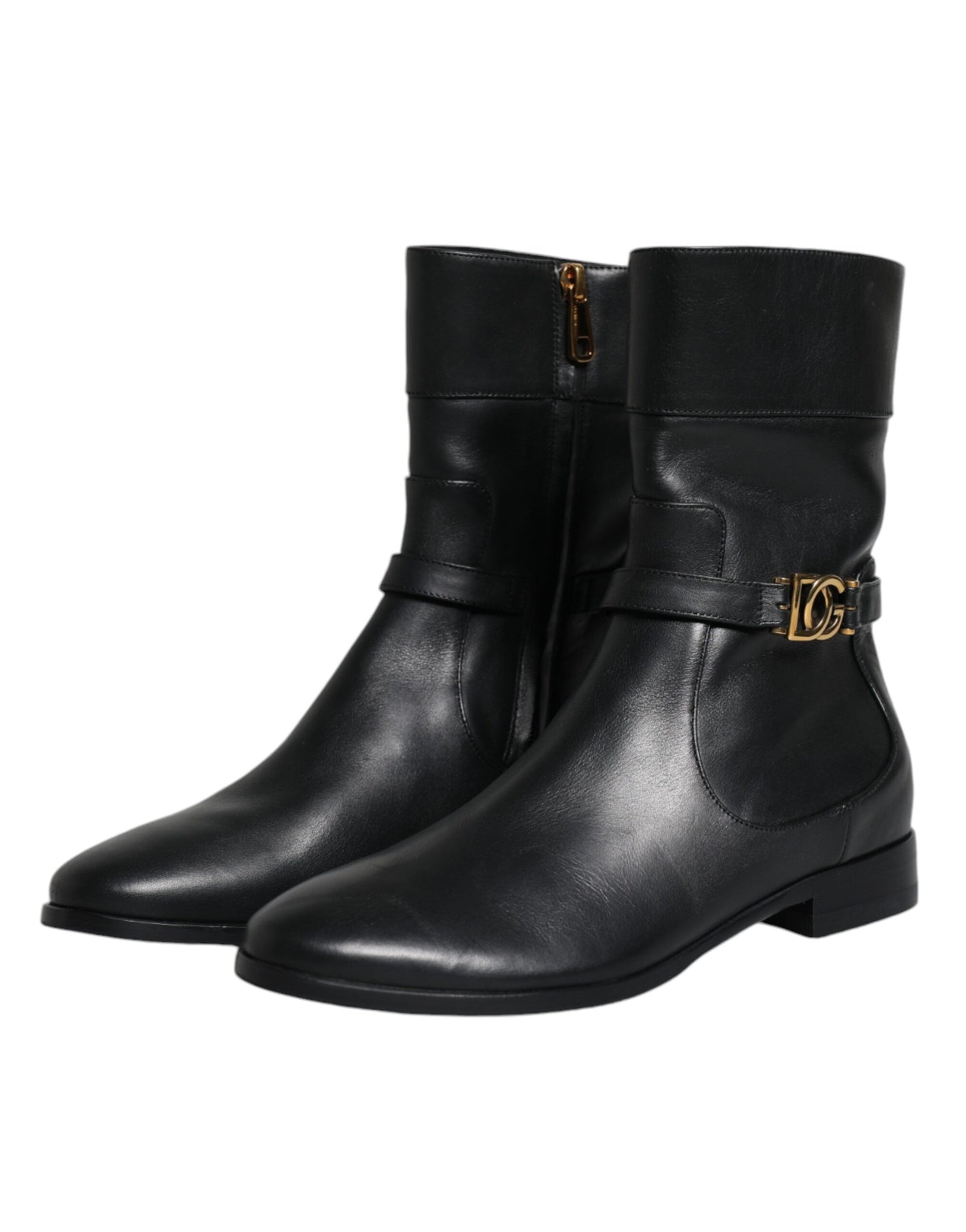 Dolce & Gabbana Black Leather Logo Mid Calf Boots Shoes EU37.5 / US7.5