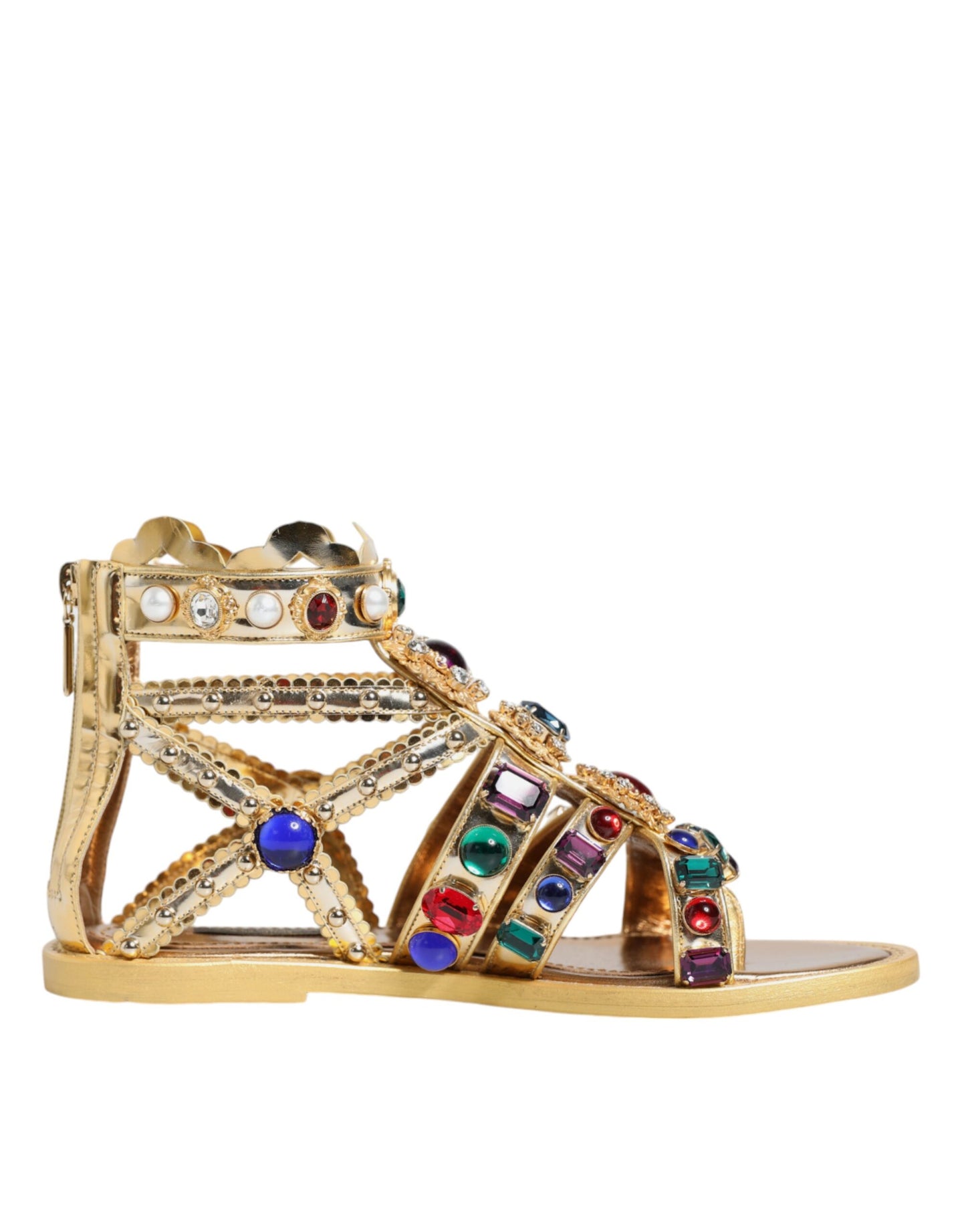 Dolce & Gabbana Gold Leather Crystal Gladiator Sandals Flats Shoes EU36.5 / US6.5