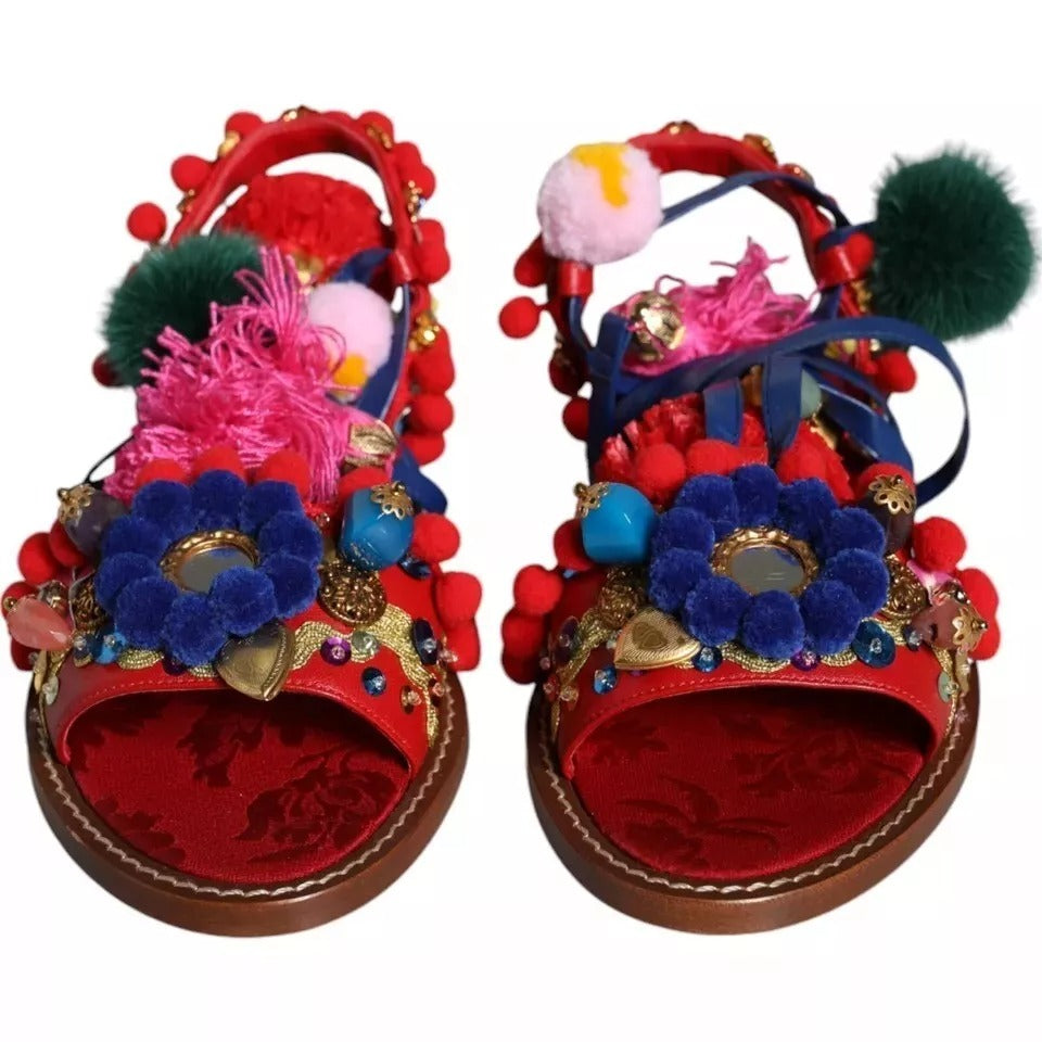 Dolce & Gabbana Multicolor Pom Pom Fur Wrap Sandals Shoes EU39 / US9