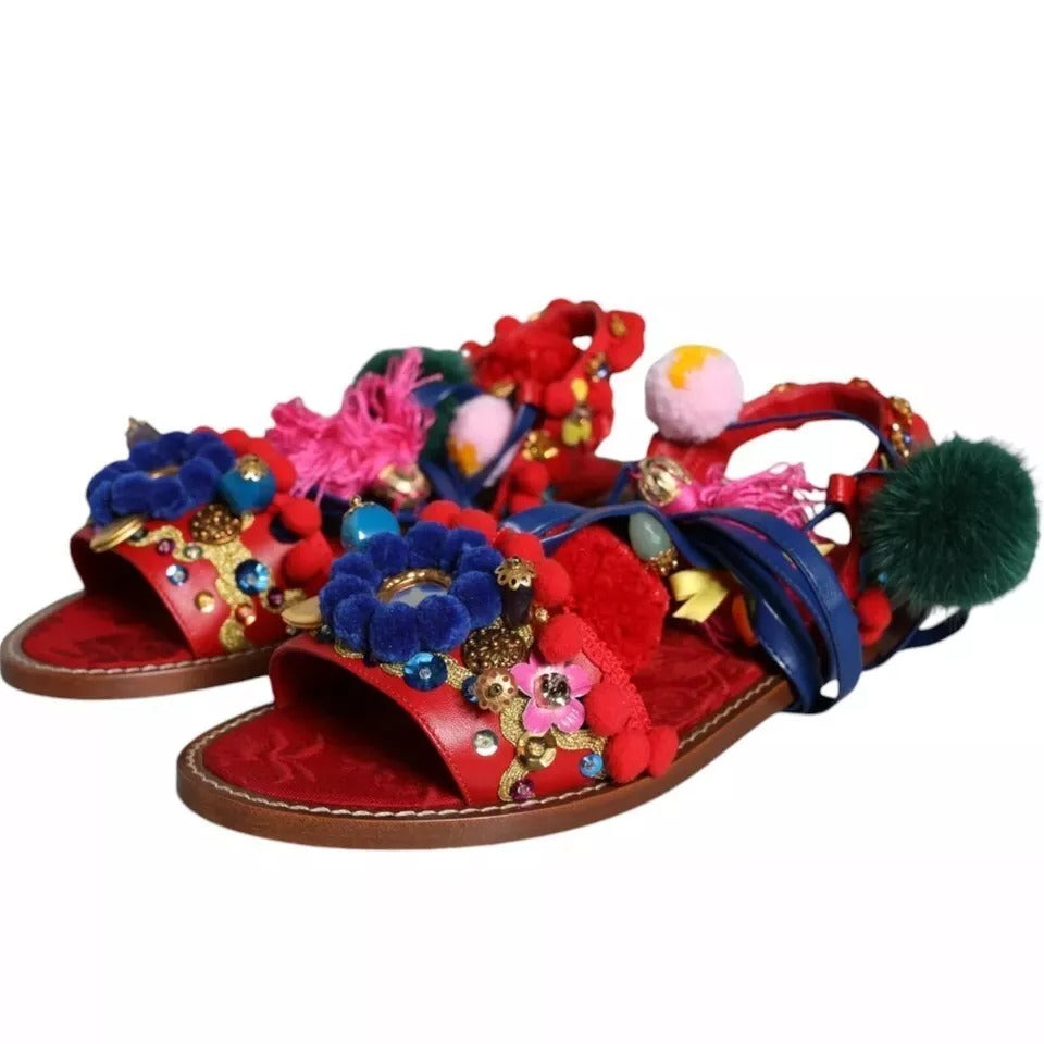 Dolce & Gabbana Multicolor Pom Pom Fur Wrap Sandals Shoes EU39 / US9