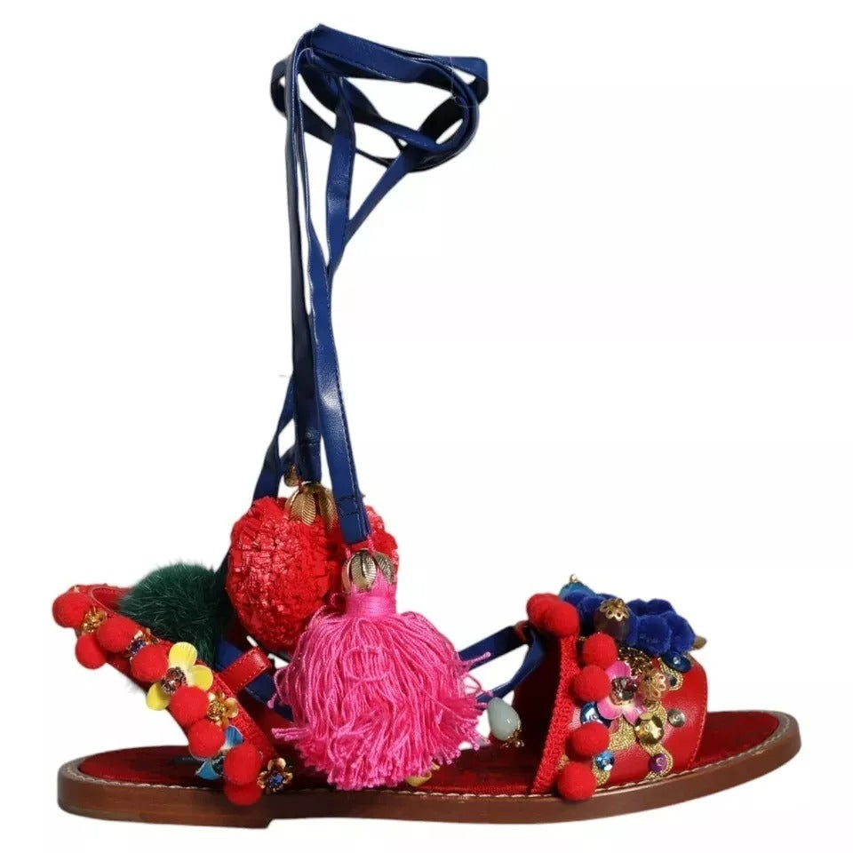 Dolce & Gabbana Multicolor Pom Pom Fur Wrap Sandals Shoes EU39 / US9