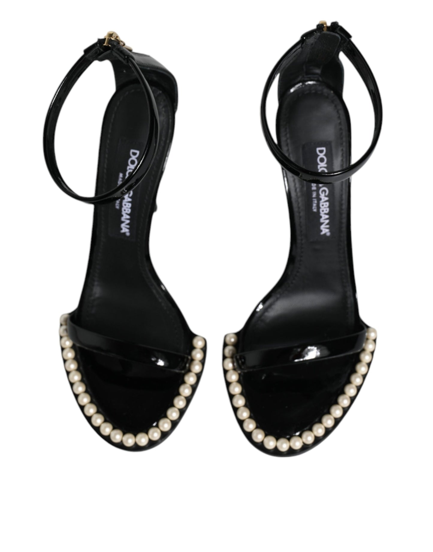 Dolce & Gabbana Black Keira Leather Faux Pearl Sandals Heels Shoes EU37.5 / US7.5