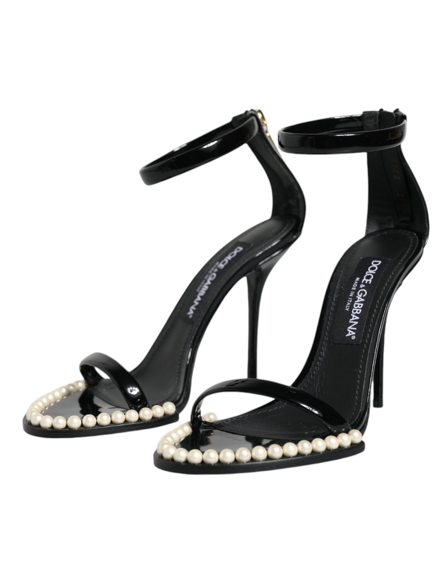 Dolce & Gabbana Black Keira Leather Faux Pearl Sandals Heels Shoes EU37.5 / US7.5