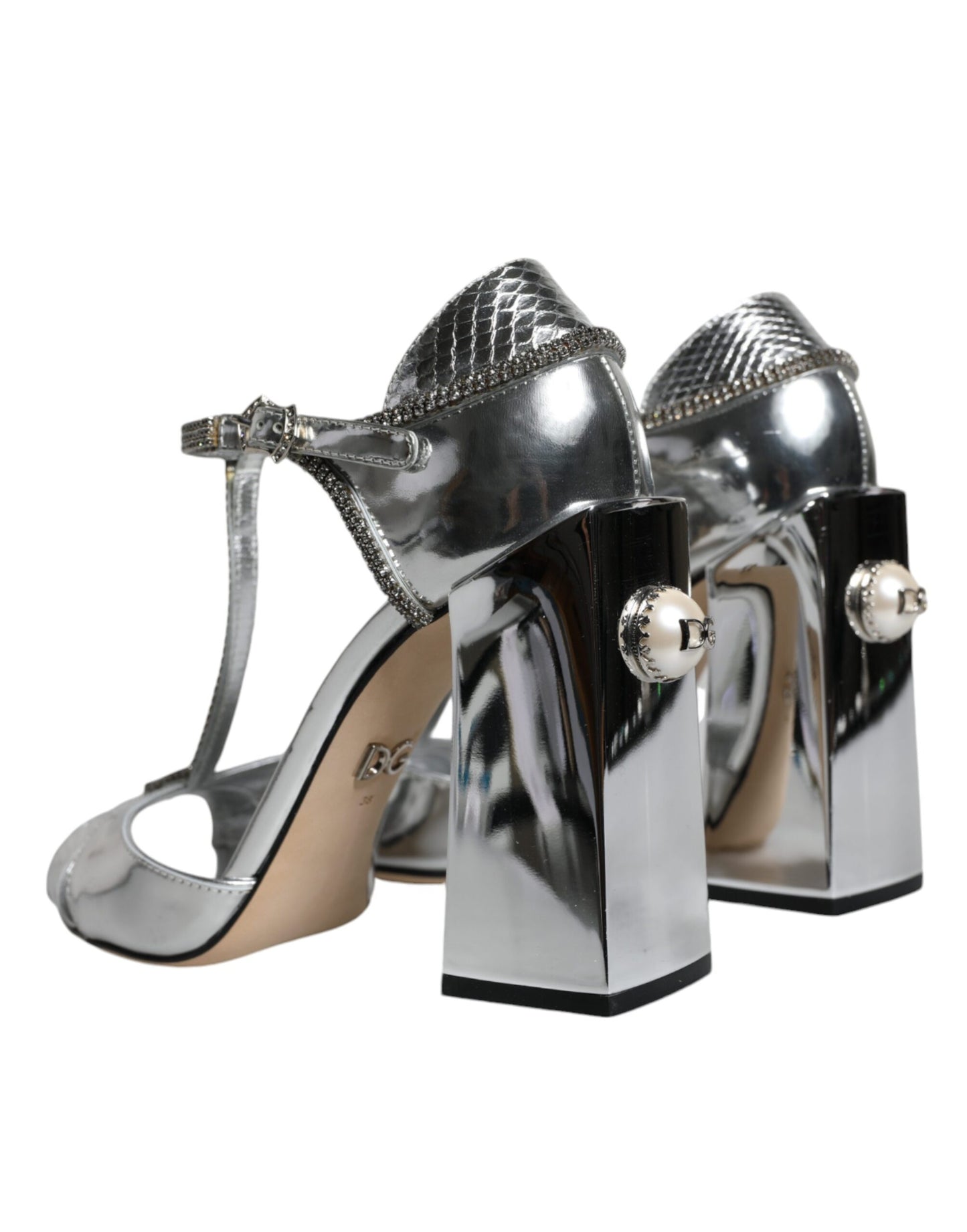 Dolce & Gabbana Silver Leather T-strap Heels Sandals Shoes EU38 / US8