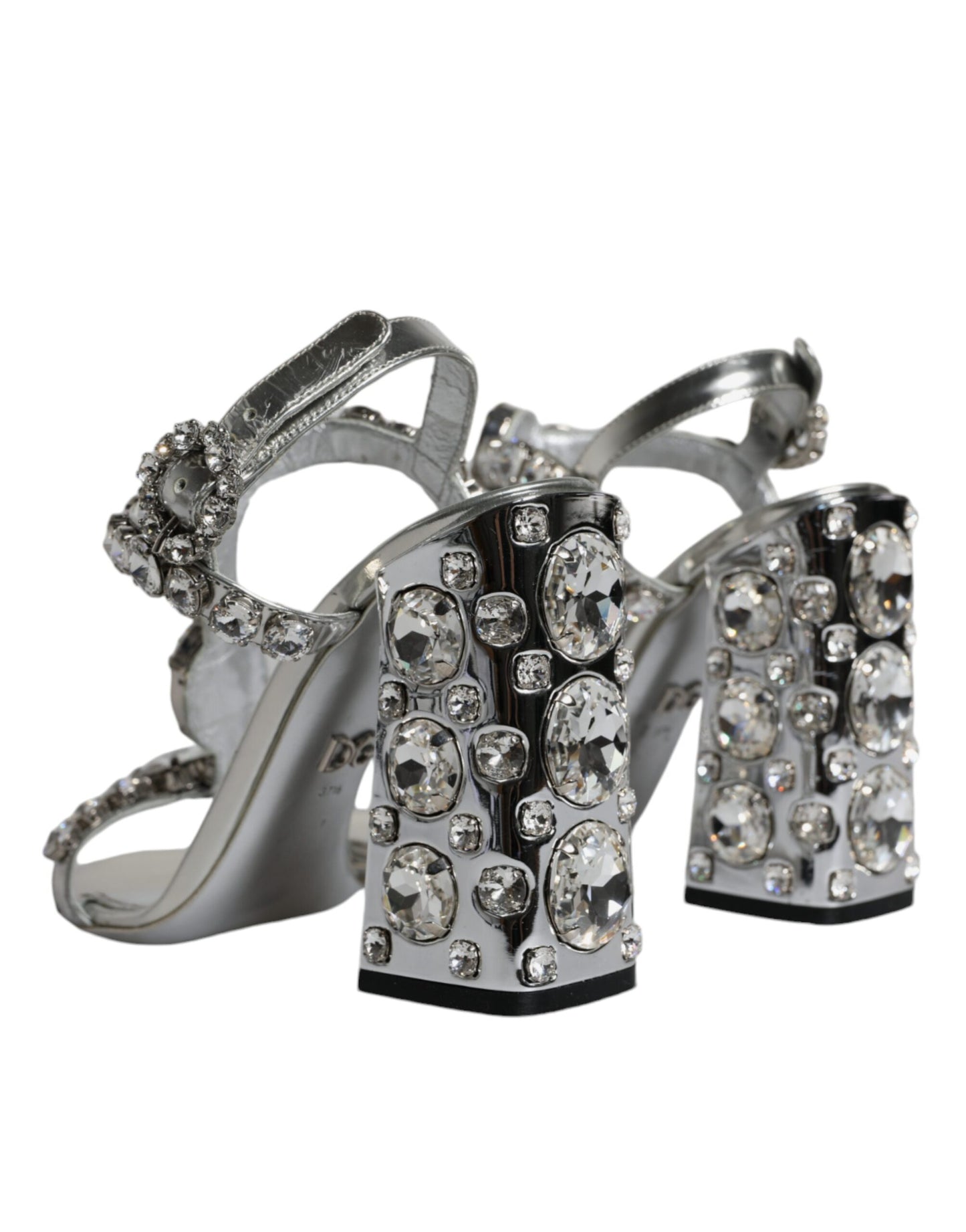 Dolce & Gabbana Silver Leather T-strap Crystal Sandals Shoes EU37.5 / US7.5