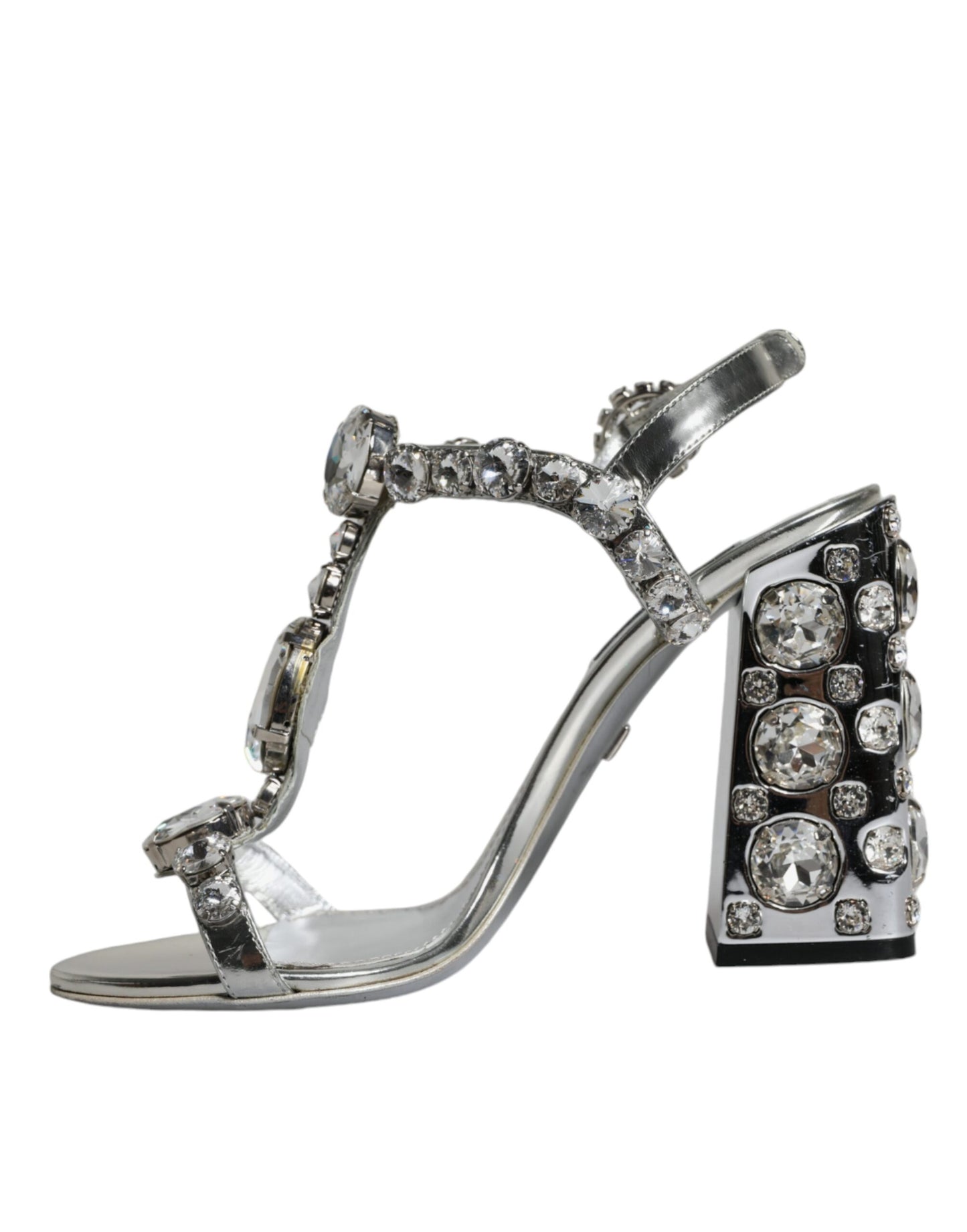 Dolce & Gabbana Silver Leather T-strap Crystal Sandals Shoes EU37.5 / US7.5