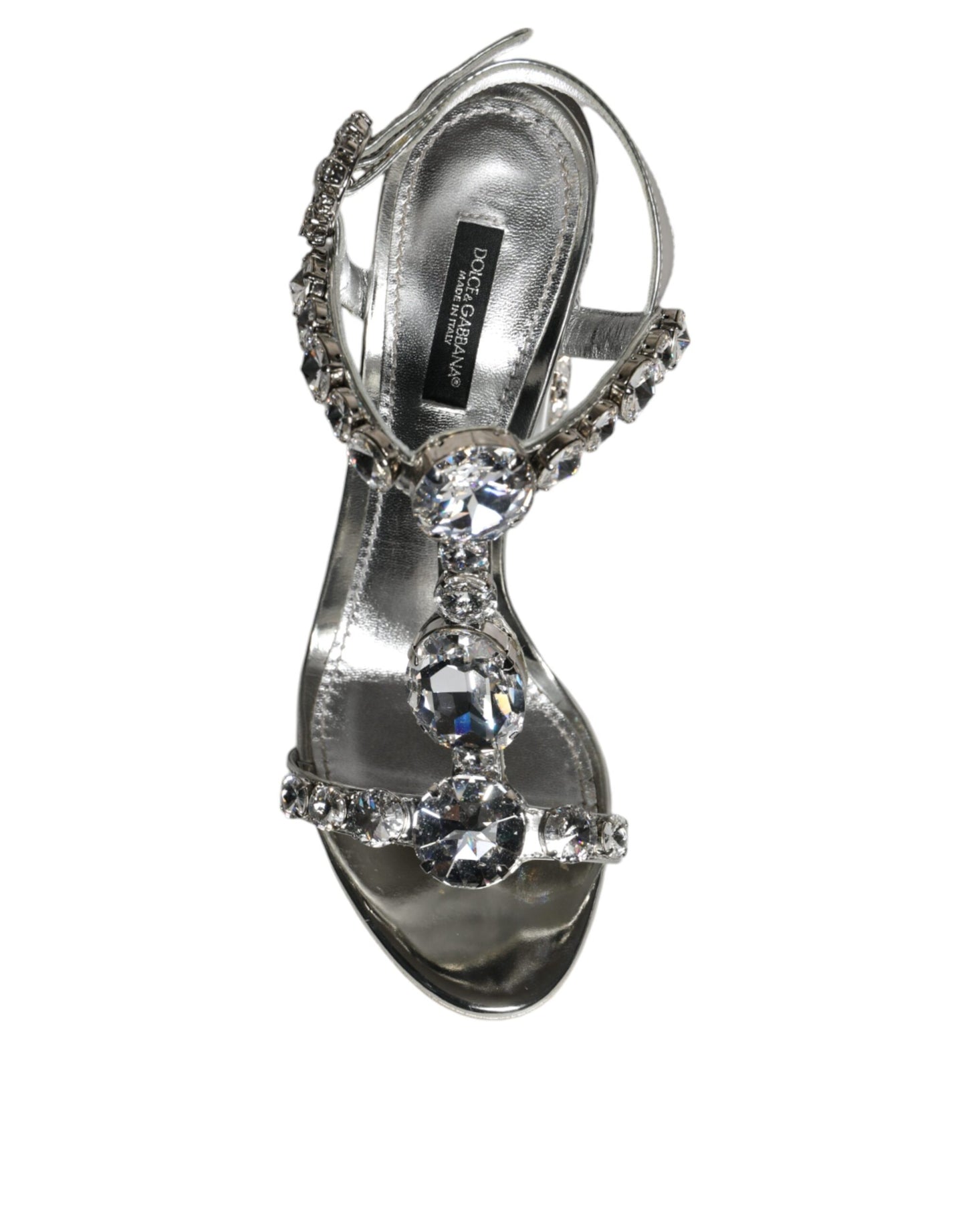 Dolce & Gabbana Silver Leather T-strap Crystal Sandals Shoes EU37.5 / US7.5