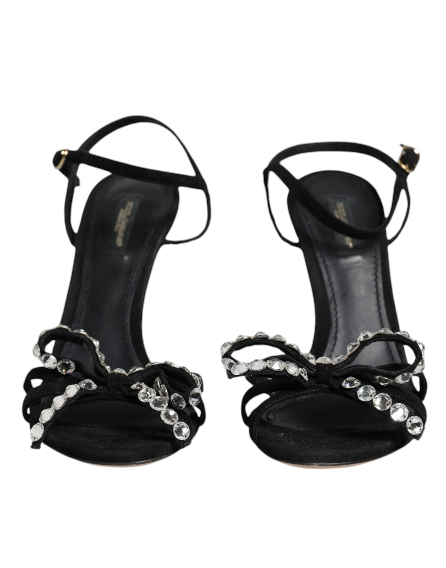 Dolce & Gabbana Black Leather Crystal Bow Heels Sandals Shoes EU37 / US7