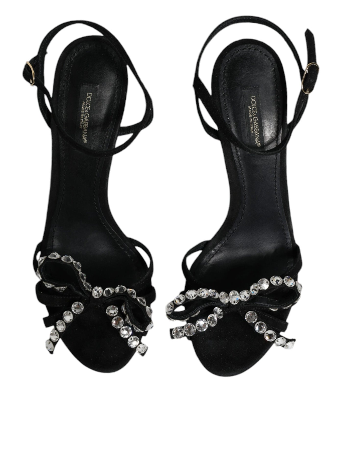 Dolce & Gabbana Black Leather Crystal Bow Heels Sandals Shoes EU37 / US7