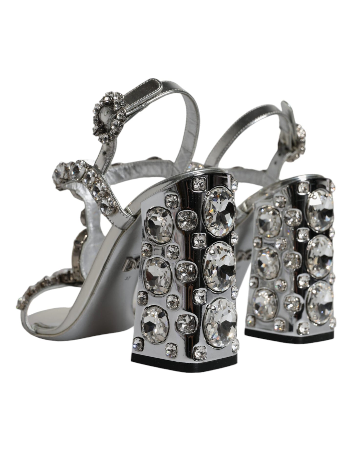 Dolce & Gabbana Silver Leather T-strap Crystal Sandals Shoes EU37 / US7