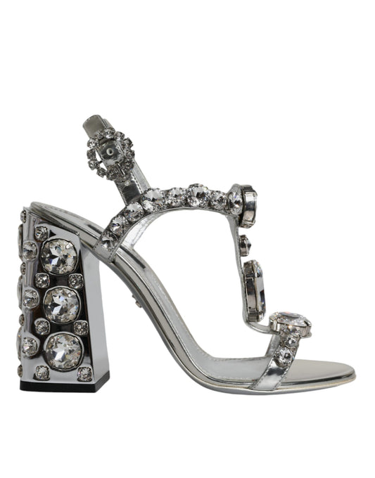 Dolce & Gabbana Silver Leather T-strap Crystal Sandals Shoes EU37 / US7