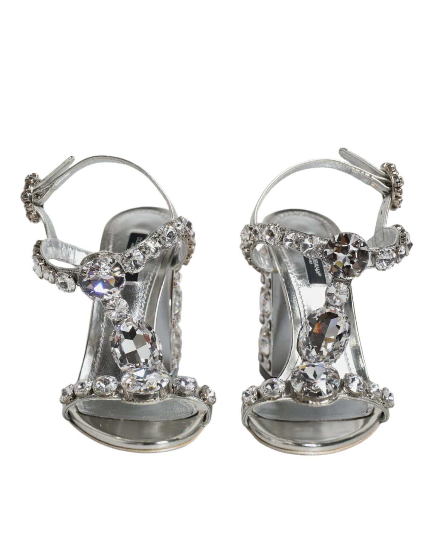 Dolce & Gabbana Silver Leather T-strap Crystal Sandals Shoes EU37 / US7