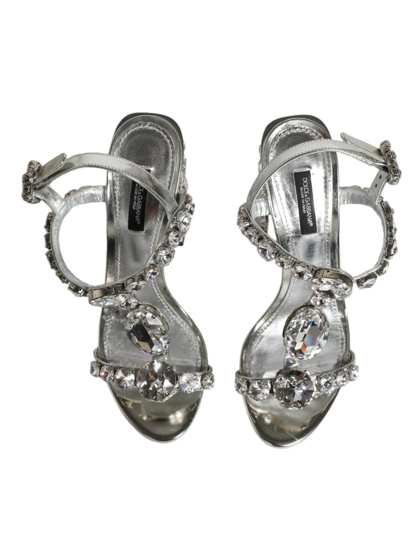 Dolce & Gabbana Silver Leather T-strap Crystal Sandals Shoes EU37 / US7