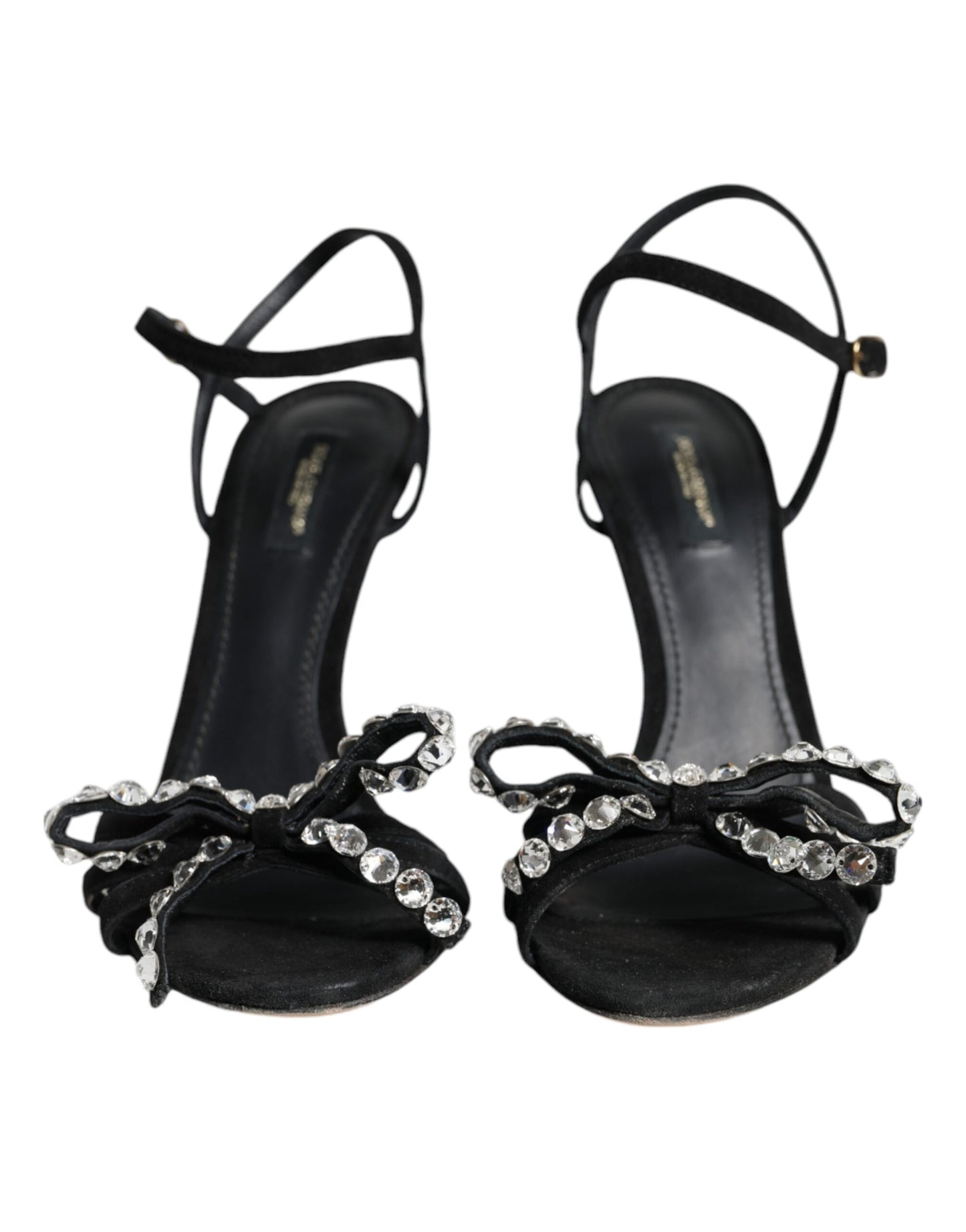 Dolce & Gabbana Black Leather Crystal Bow Heels Sandals Shoes EU38 / US8