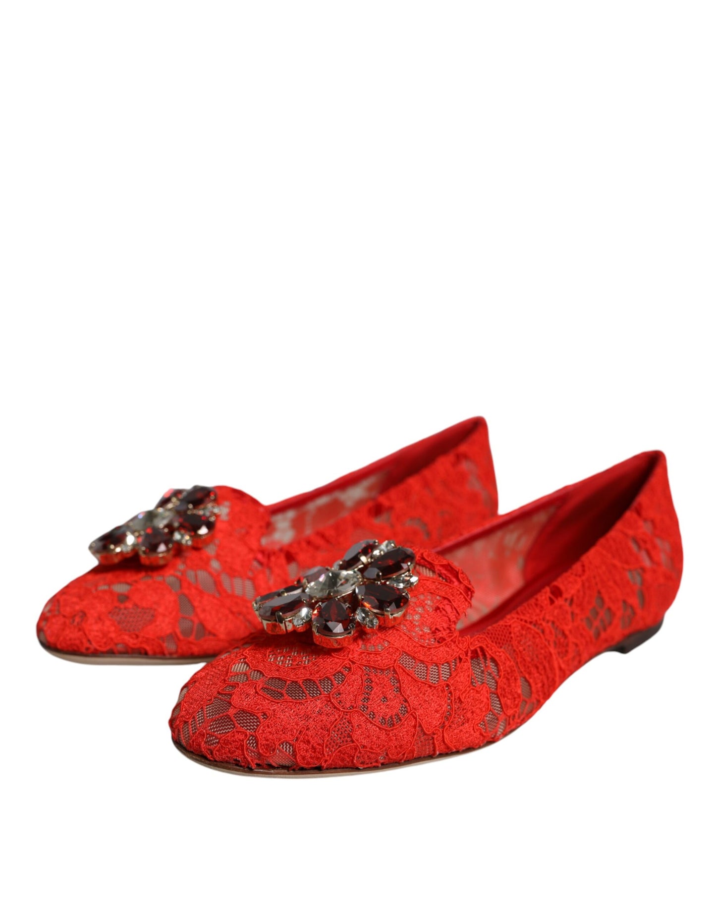 Dolce & Gabbana Red Lace Crystal Ballet Flats Loafers Shoes EU38 / US8