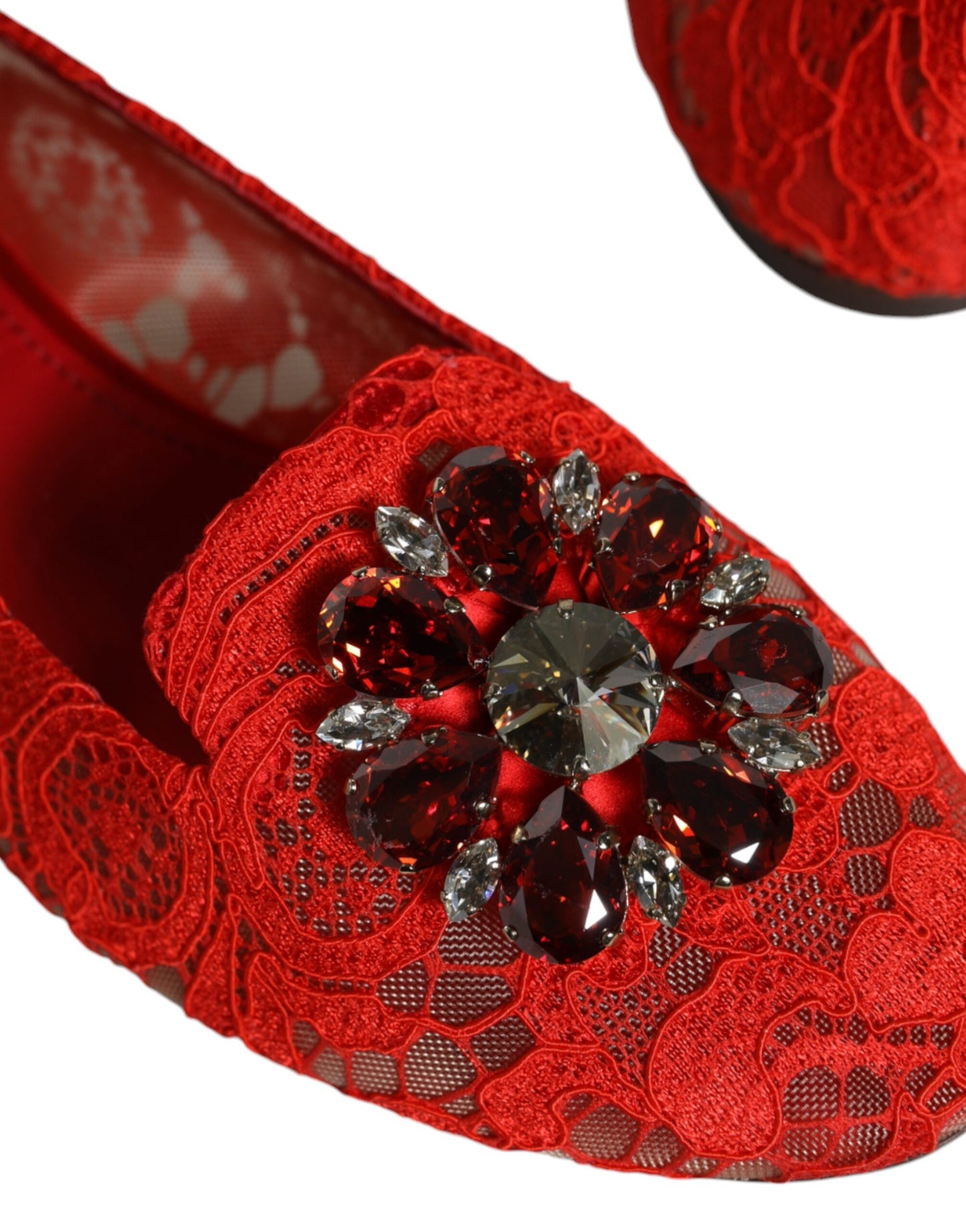 Dolce & Gabbana Red Lace Crystal Ballet Flats Loafers Shoes EU38 / US8