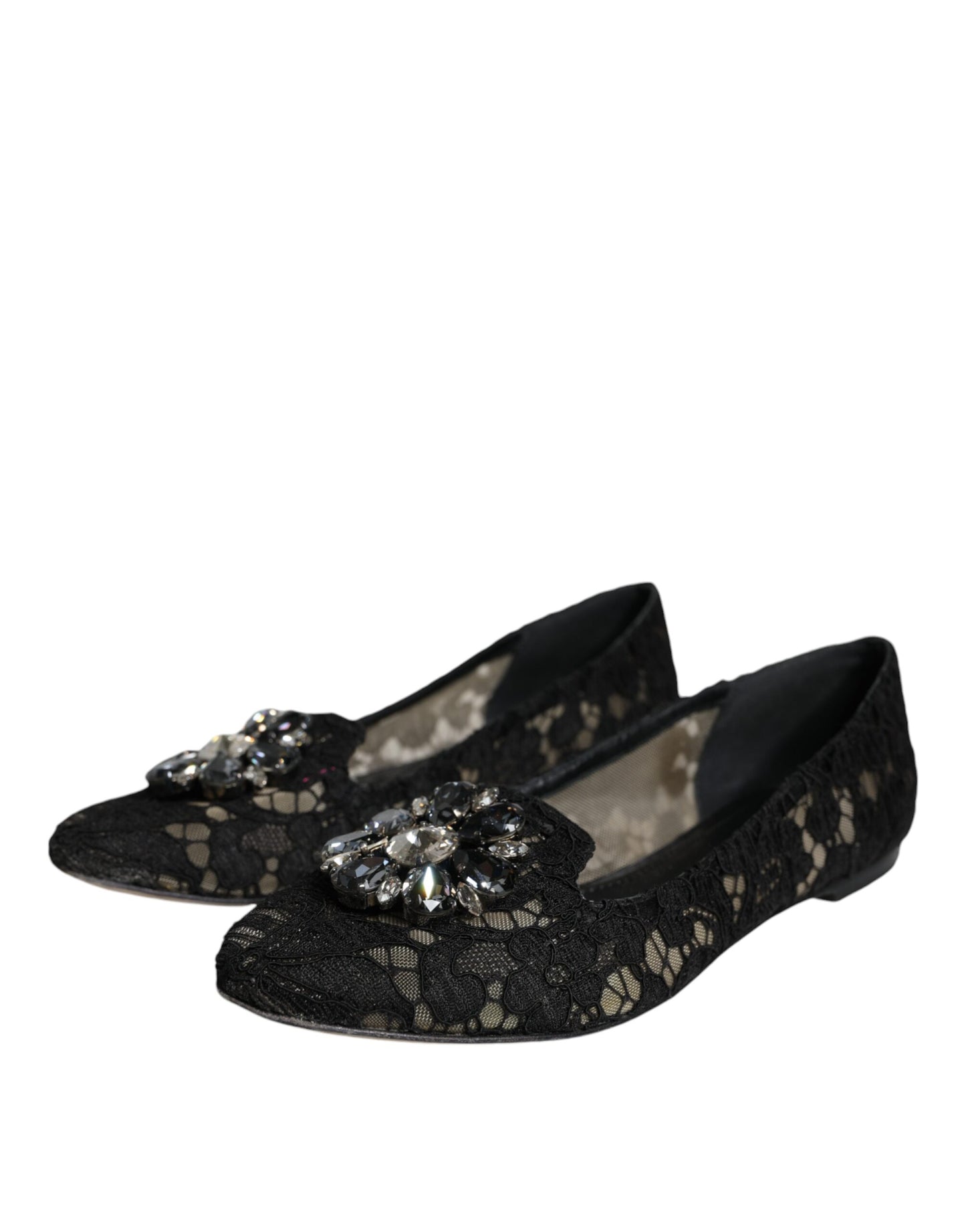 Dolce & Gabbana Black Lace Crystal Ballet Flats Loafer Shoes EU38 / US8