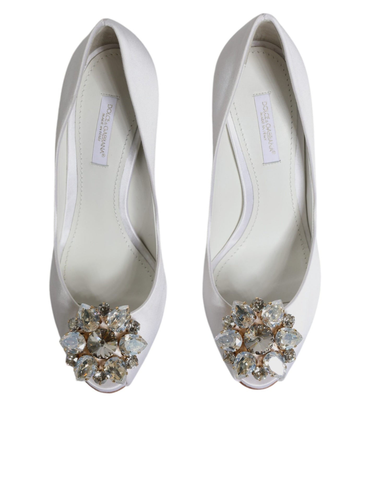 Dolce & Gabbana White Crystals Peep Toe Satin Pumps Shoes EU35.5 / US5.5