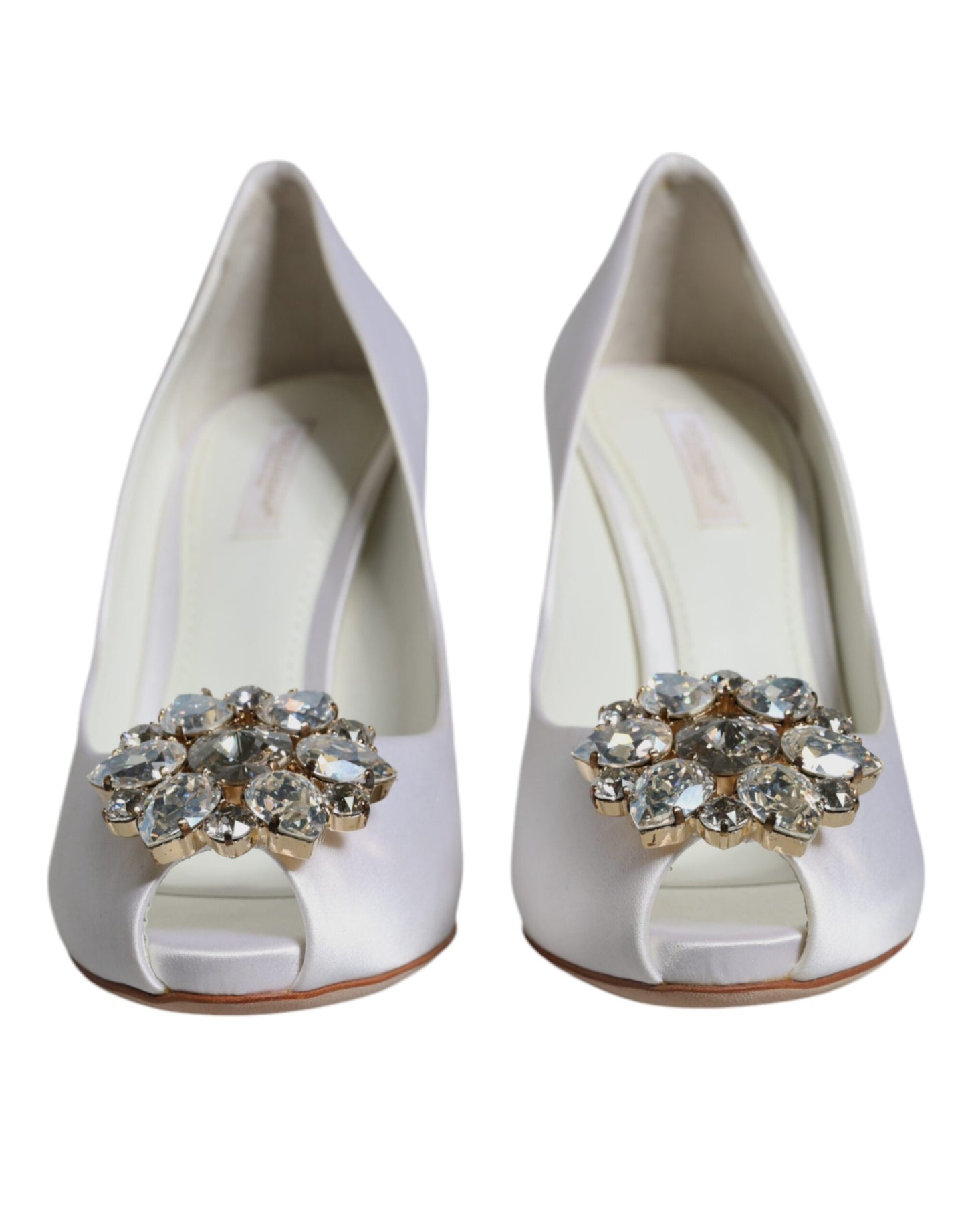 Dolce & Gabbana White Crystals Peep Toe Satin Pumps Shoes EU38.5 / US8.5