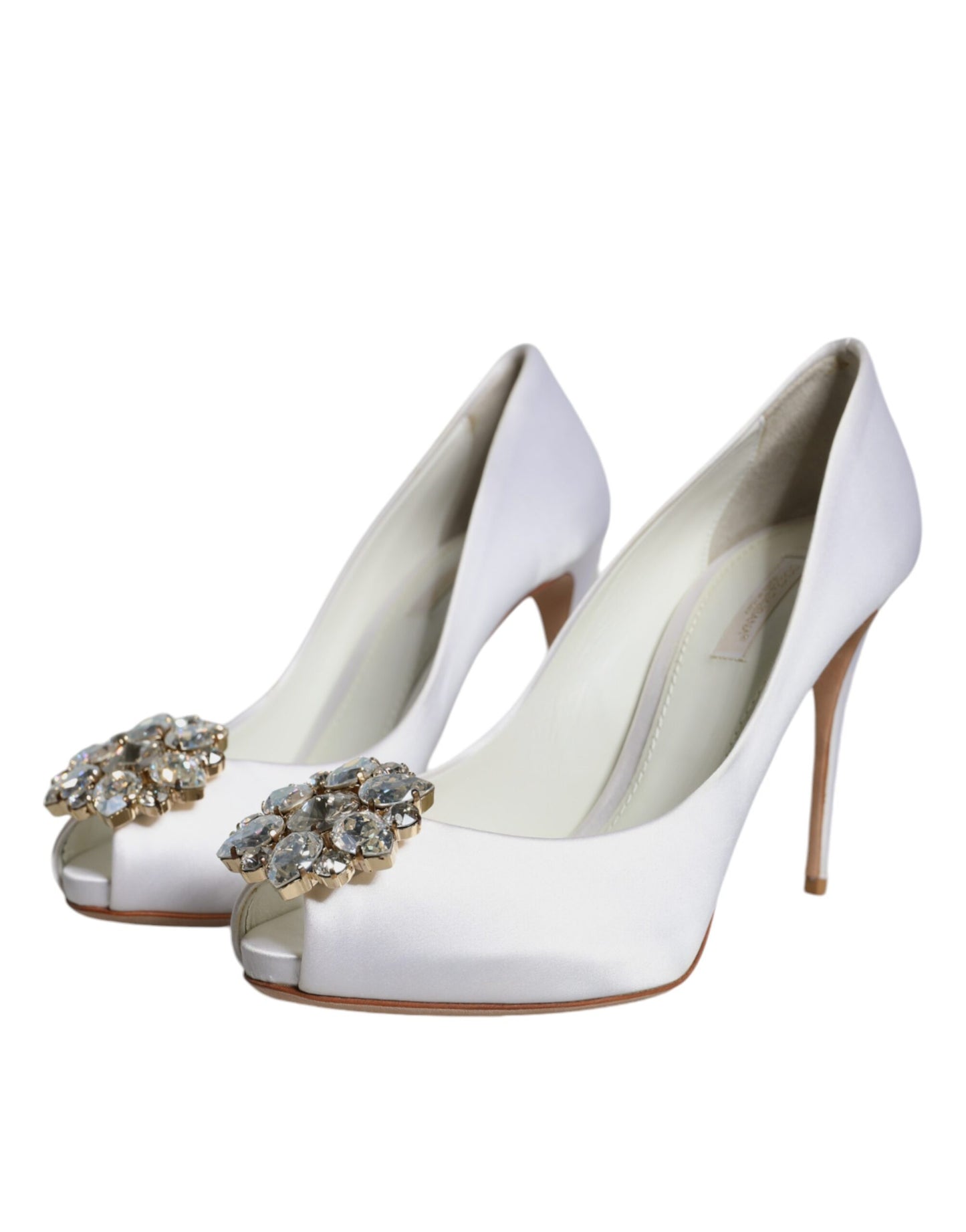 Dolce & Gabbana White Crystals Peep Toe Satin Pumps Shoes EU38.5 / US8.5