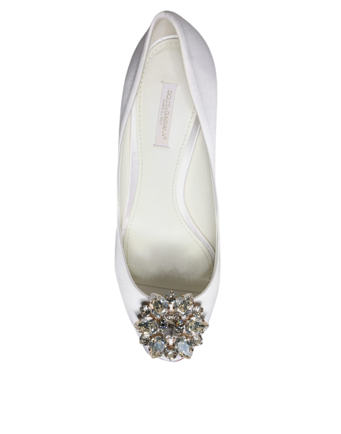 Dolce & Gabbana White Crystals Peep Toe Satin Pumps Shoes EU38.5 / US8.5