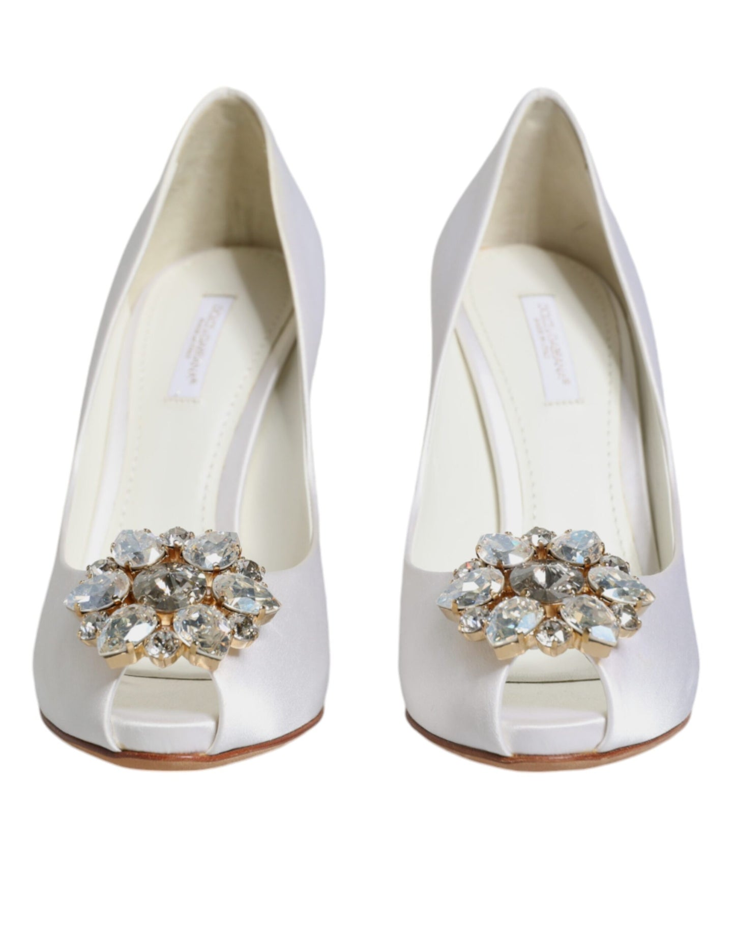 Dolce & Gabbana White Crystals Peep Toe Satin Pumps Shoes EU37.5 / US7.5