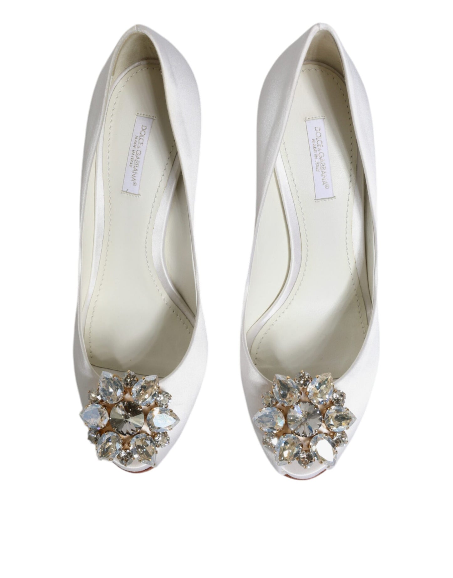 Dolce & Gabbana White Crystals Peep Toe Satin Pumps Shoes EU37.5 / US7.5