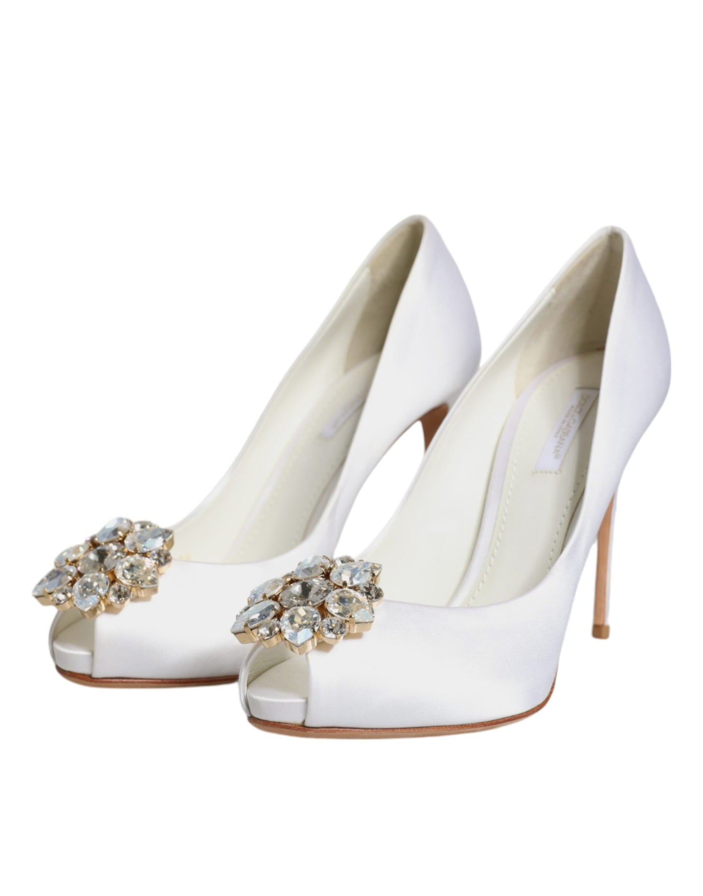 Dolce & Gabbana White Crystals Peep Toe Satin Pumps Shoes EU37.5 / US7.5