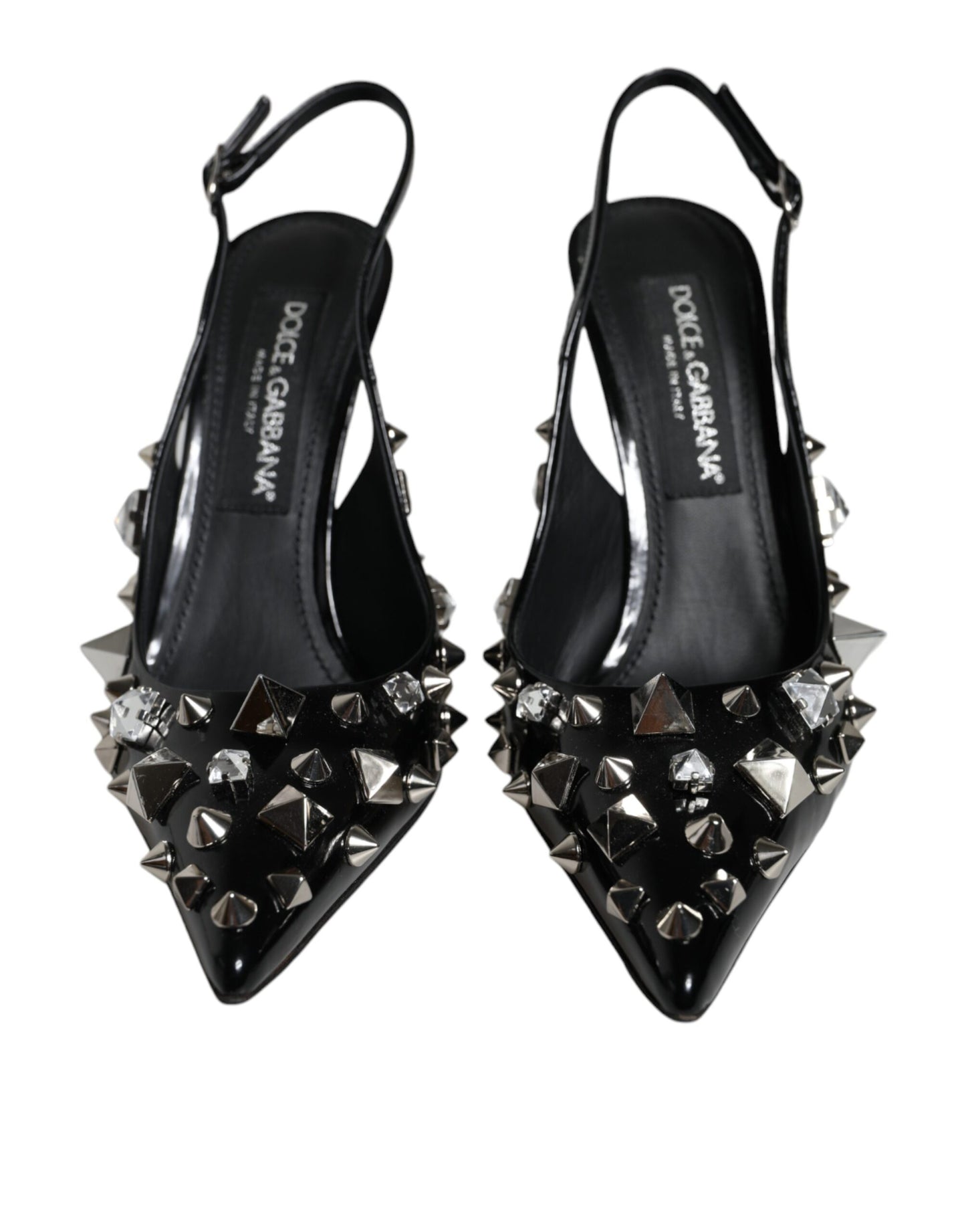 Dolce & Gabbana Black Leather Crystal Stud Slingback Shoes EU39.5 / US9.5