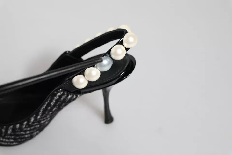 Dolce & Gabbana White Black Chevron Faux Pearl Slingback Shoes EU35 / US5