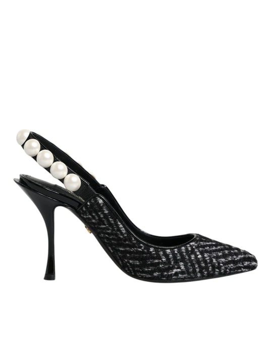 Dolce & Gabbana White Black Chevron Faux Pearl Slingback Shoes EU35 / US5