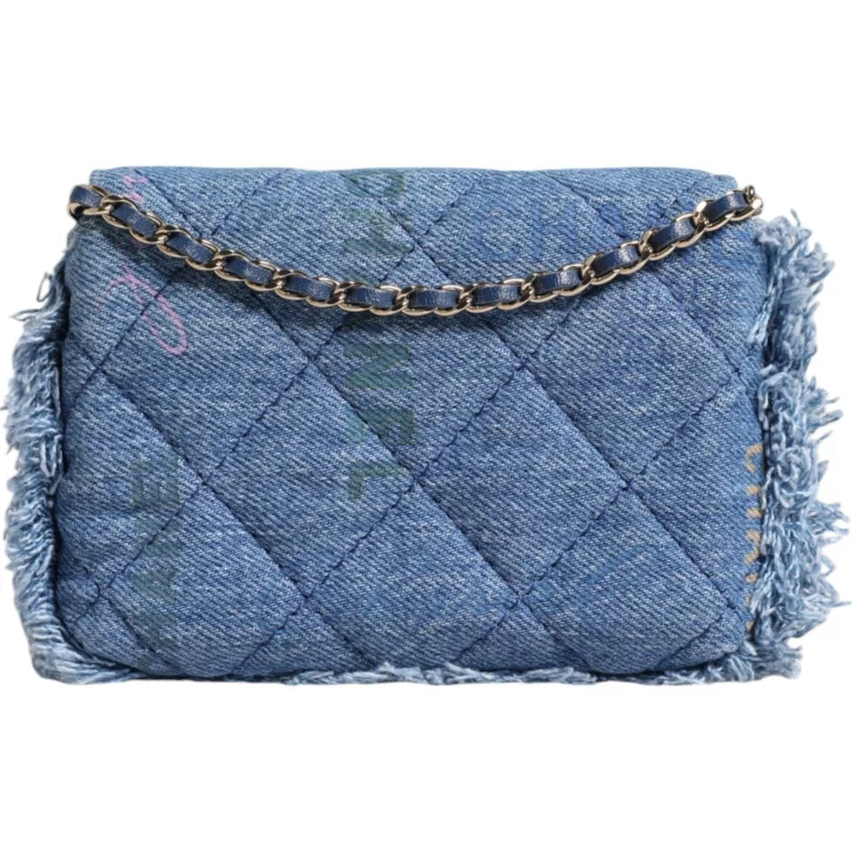 Chanel Denim Mood Flap Micro Logo Printed Fringed Shoulder Bag