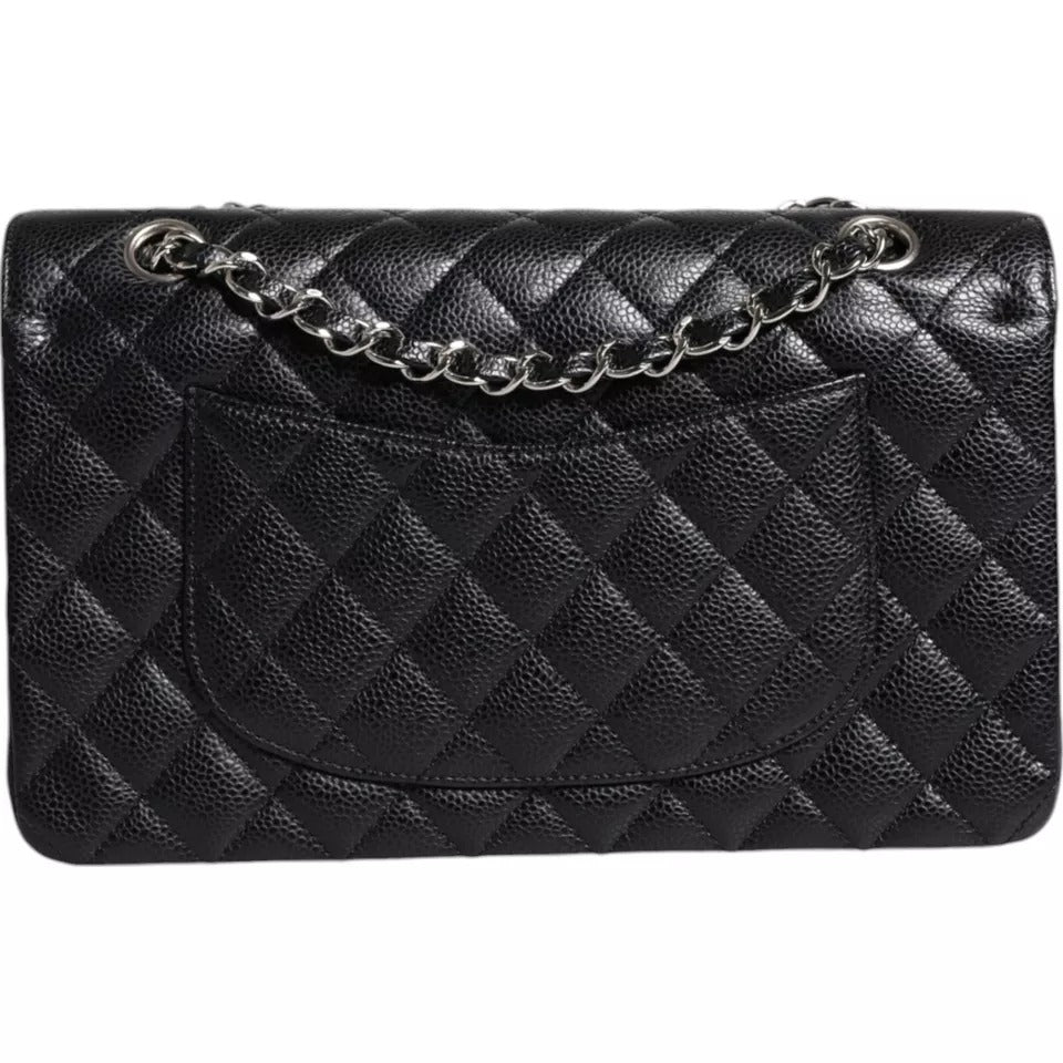 Chanel Black Caviar Medium Classic Double Flap Shoulder Quilted Silver Bag