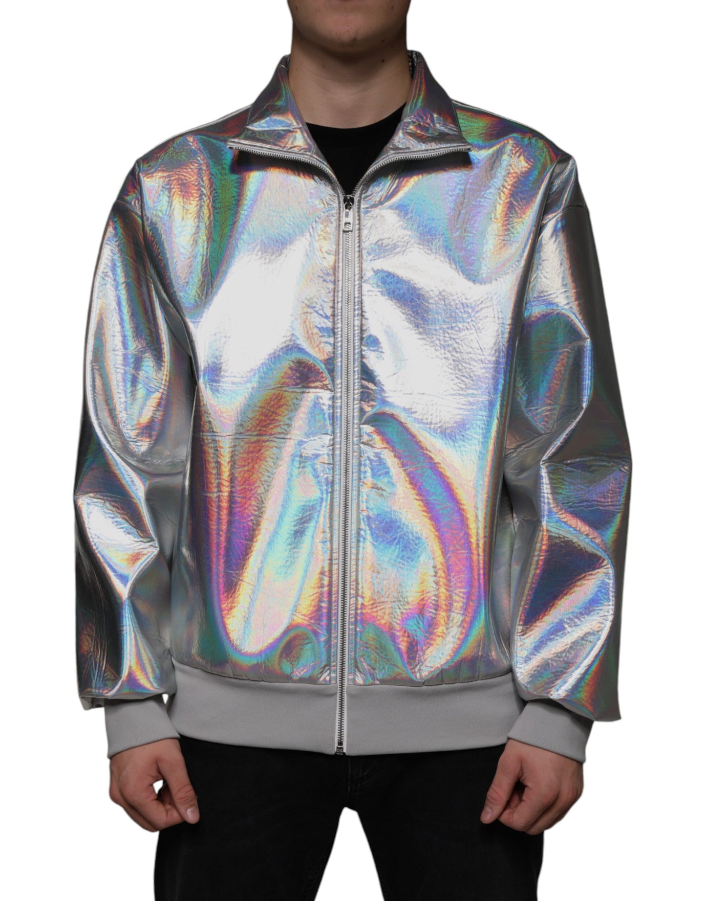 Dolce & Gabbana Silver Iridescent Full Zip Men Bomber Jacket IT50 / L