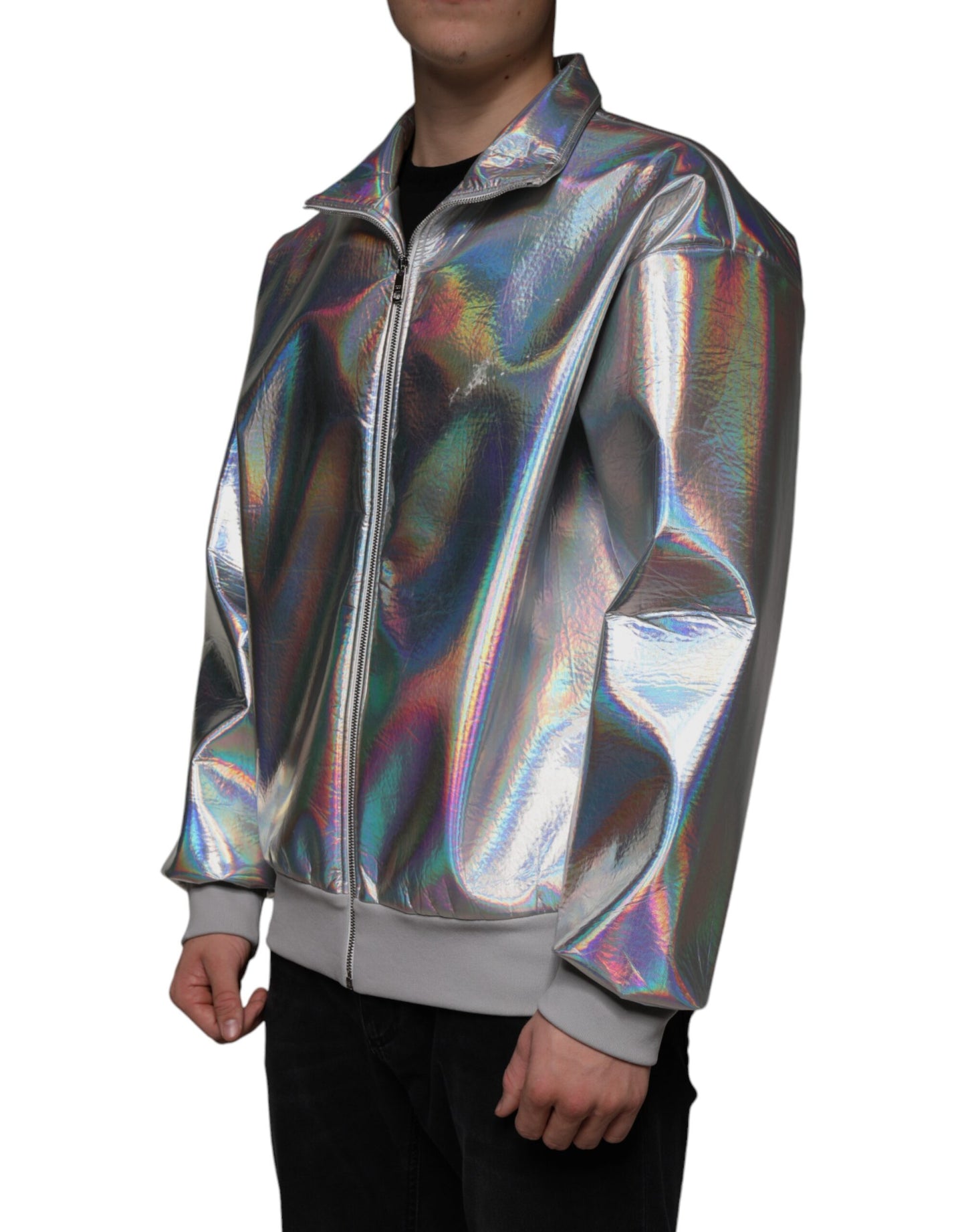 Dolce & Gabbana Silver Iridescent Full Zip Men Bomber Jacket IT50 / L