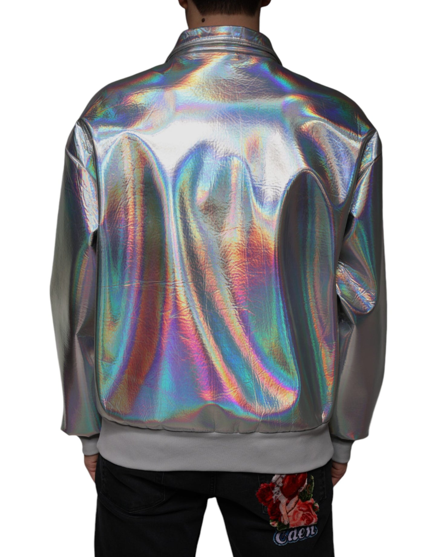 Dolce & Gabbana Silver Iridescent Full Zip Men Bomber Jacket IT50 / L