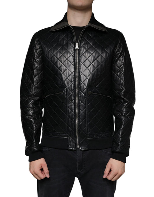 Dolce & Gabbana Black Calf Leather Quilted Full Zip Jacket IT48 / M