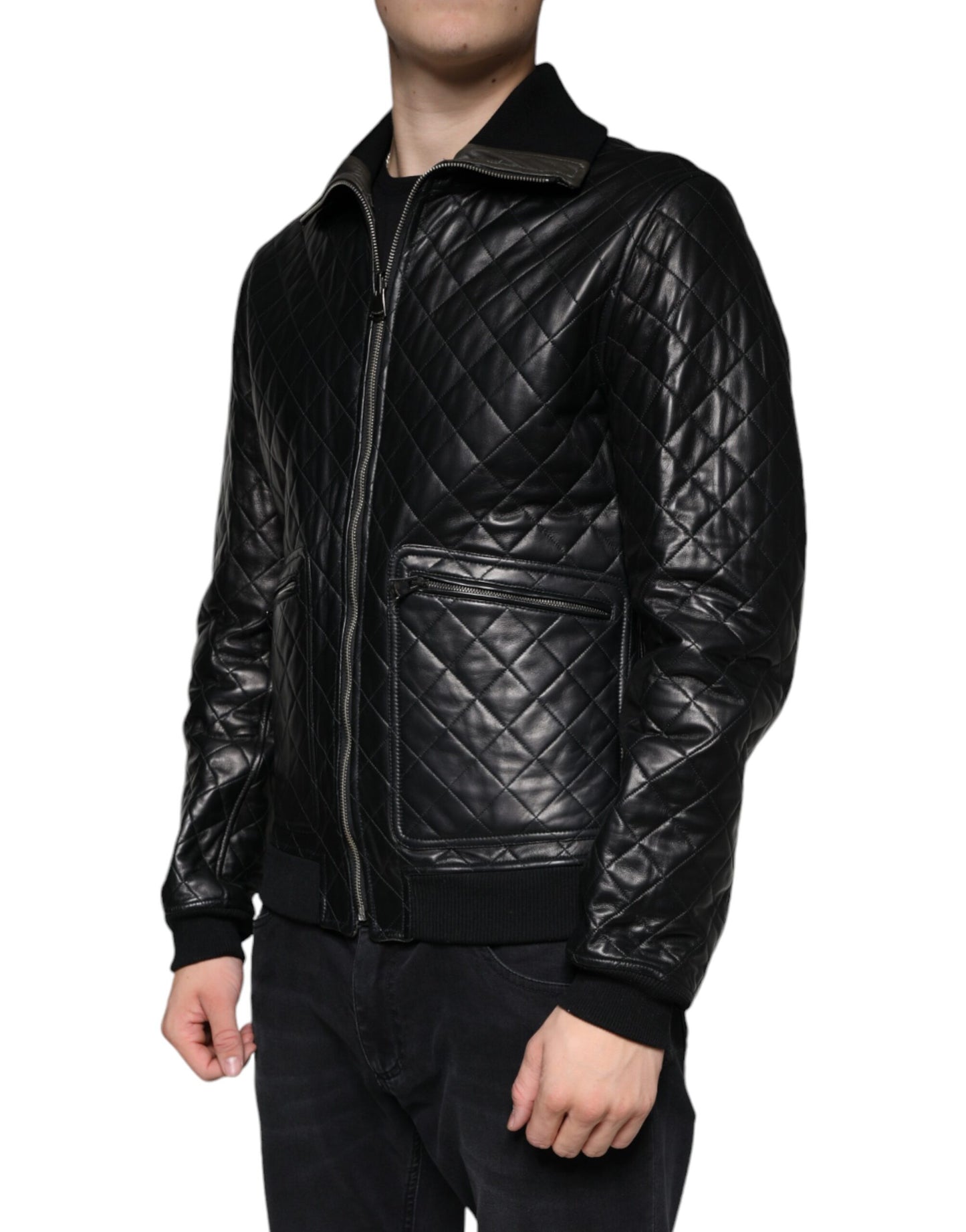 Dolce & Gabbana Black Calf Leather Quilted Full Zip Jacket IT48 / M