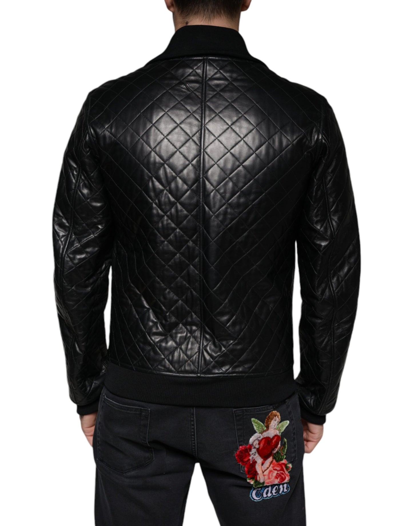 Dolce & Gabbana Black Calf Leather Quilted Full Zip Jacket IT48 / M