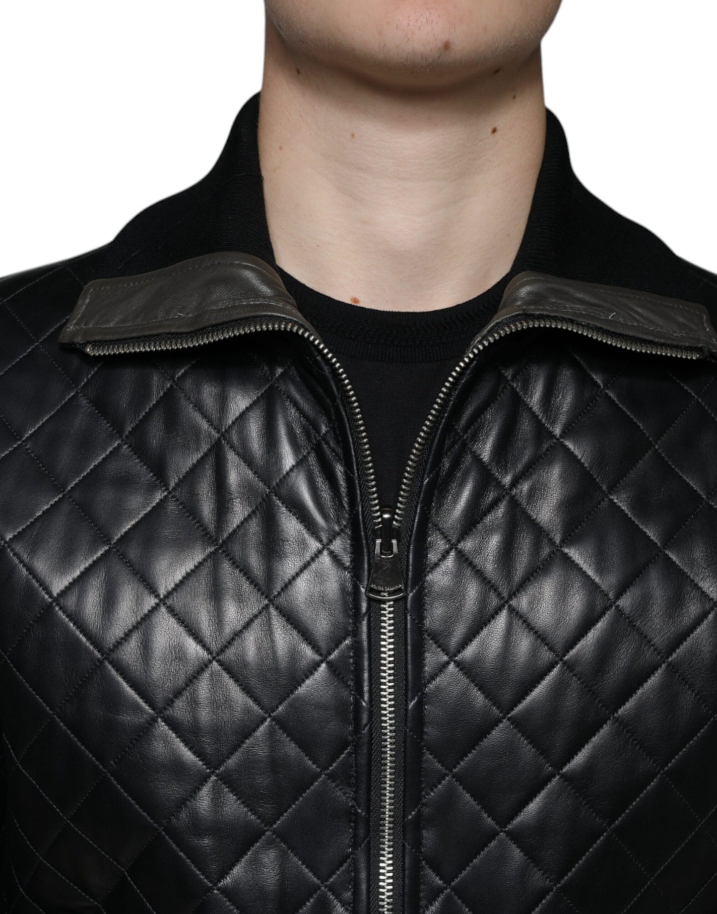 Dolce & Gabbana Black Calf Leather Quilted Full Zip Jacket IT48 / M