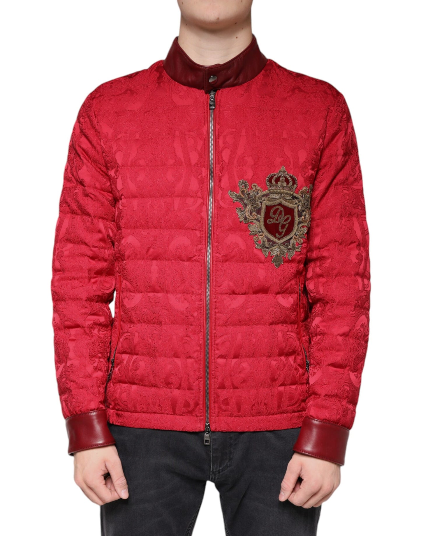 Dolce & Gabbana Red Quilted Bomber Gold Crown Logo Jacket IT52 / XL