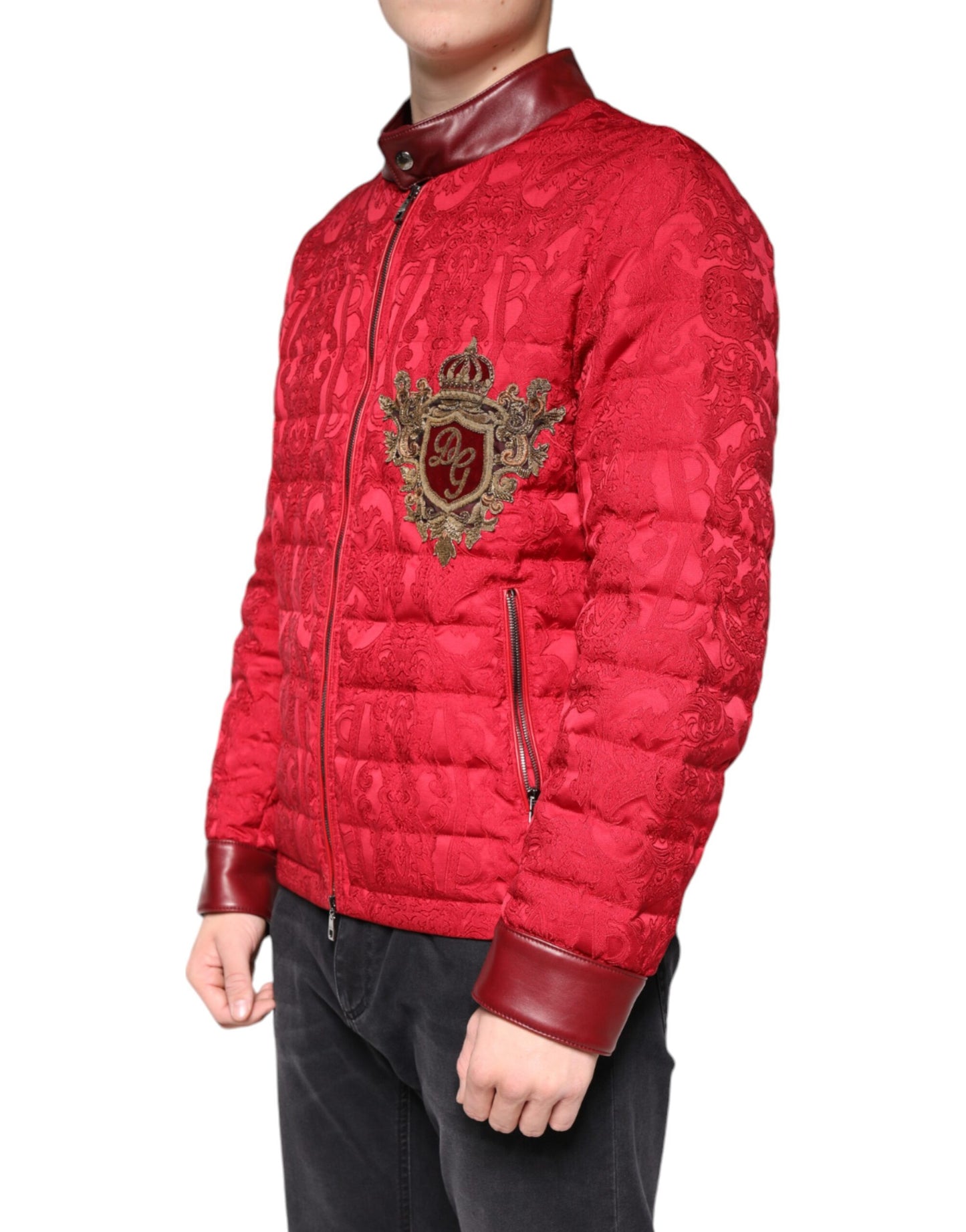 Dolce & Gabbana Red Quilted Bomber Gold Crown Logo Jacket IT52 / XL